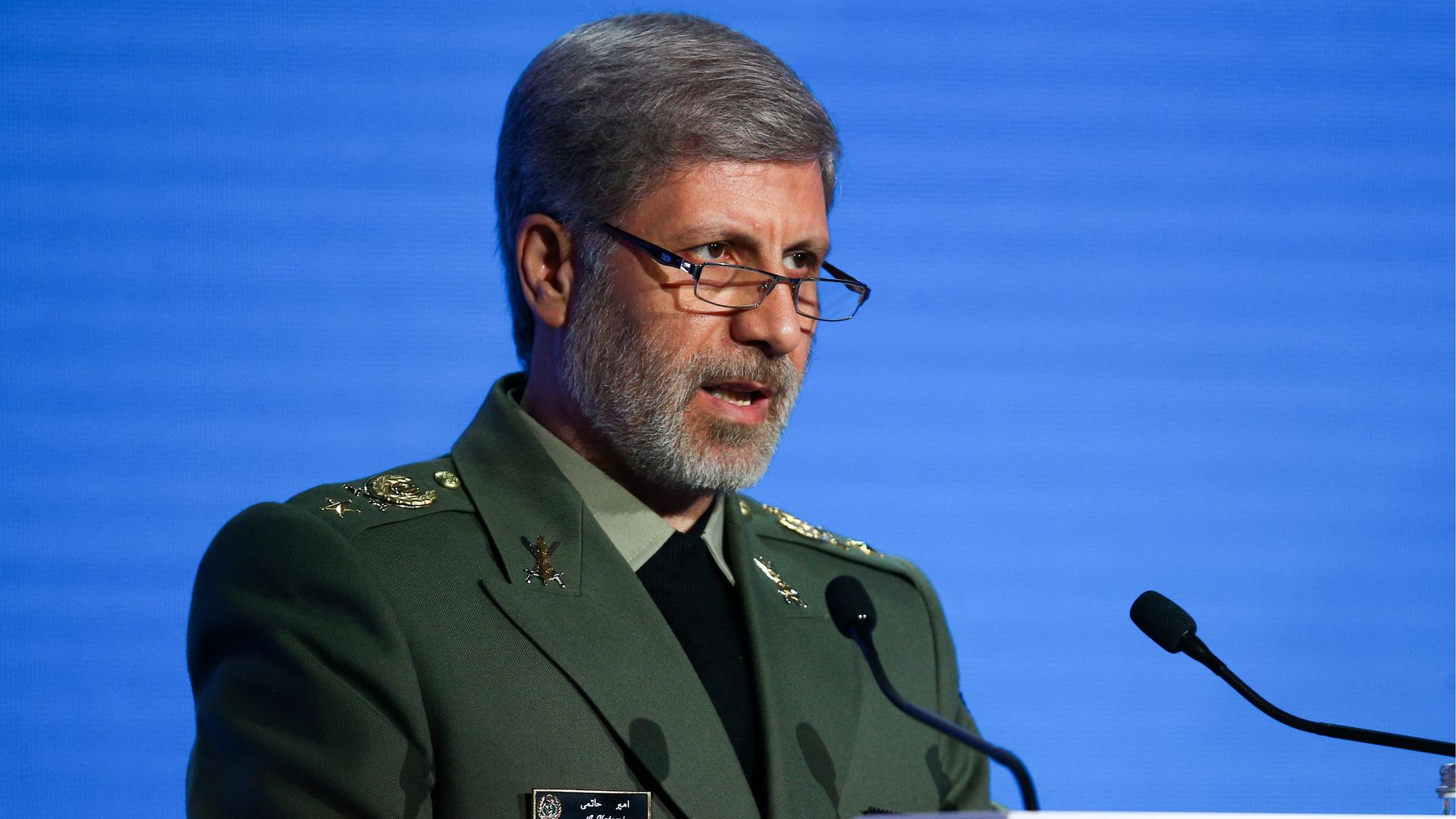 Iran's Defence Minister Brig Gen Amir Hatami addresses the 2018 Moscow Conference on International Security held at Radisson Royal Hotel.