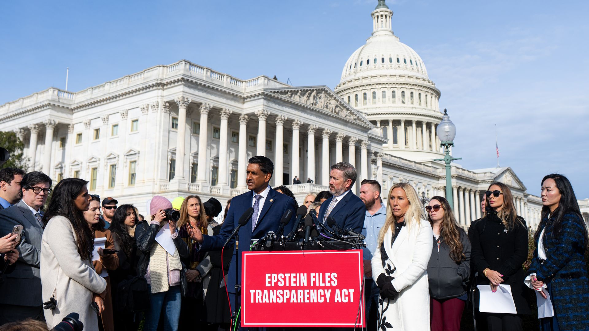 Reps. Ro Khanna, Thomas Massie, and Marjorie Taylor Greene hold their news conference with survivors of  Jeffrey Epstein outside the Capitol on Nov. 18. Photo: Bill Clark/CQ-Roll Call, Inc via Getty Images
