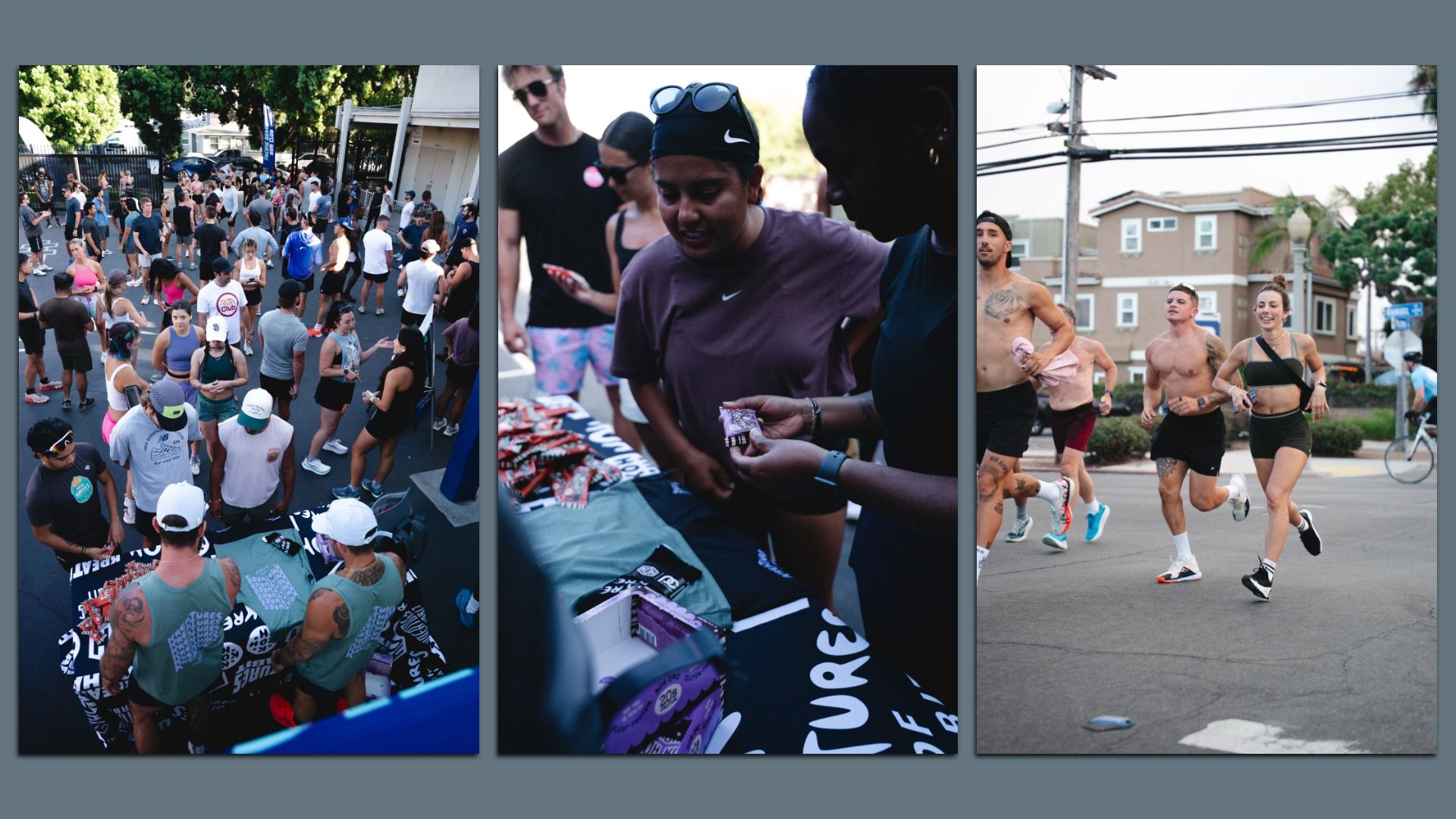 Triptych of a street running event: left panel shows a crowded start with runners, middle panel volunteers handing out energy gels, and right panel runners jogging along a residential street.