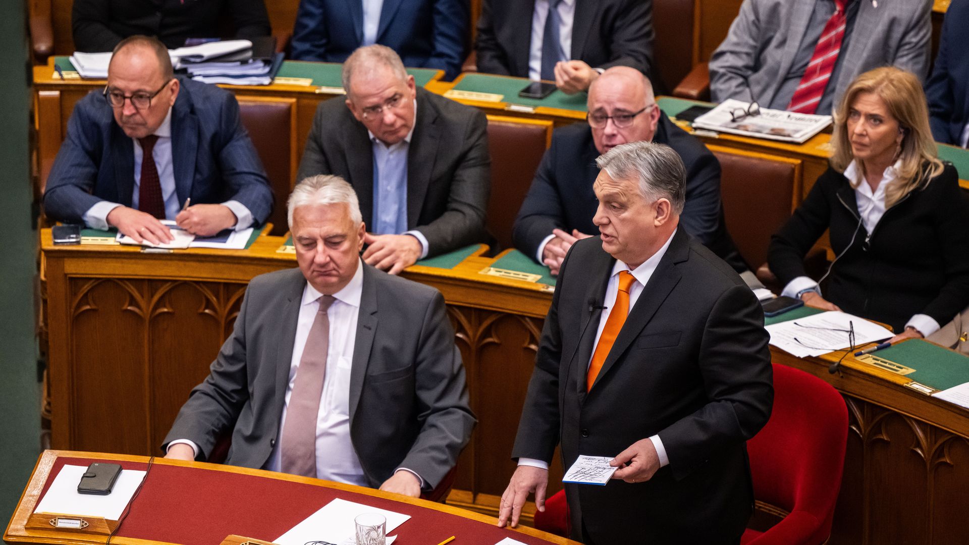 Hungarian Prime Minister Viktor Orban (r) speaks during the parliamentary session before the vote on the ratification of Sweden's NATO membership