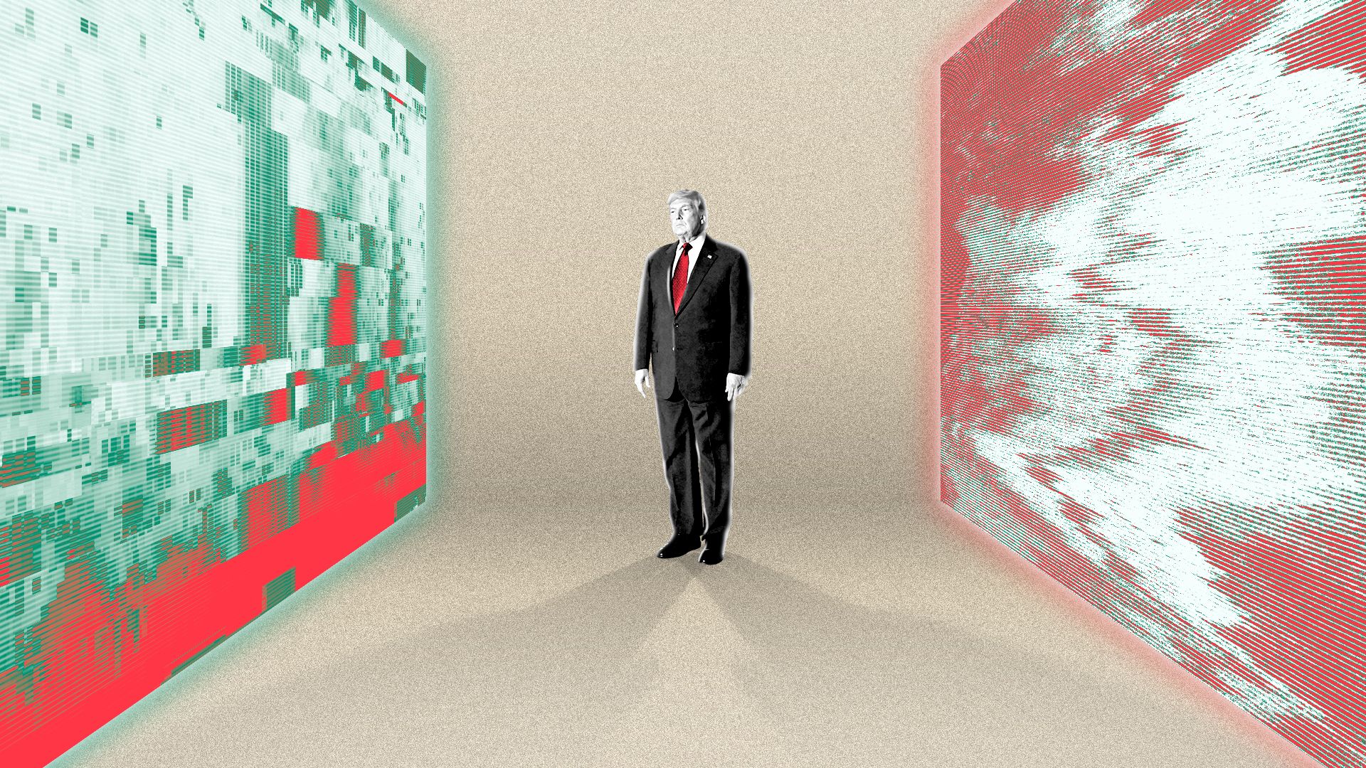 Photo illustration of Donald Trump, boxed in by two screens of red, white and green glitchy static on his left and right. 