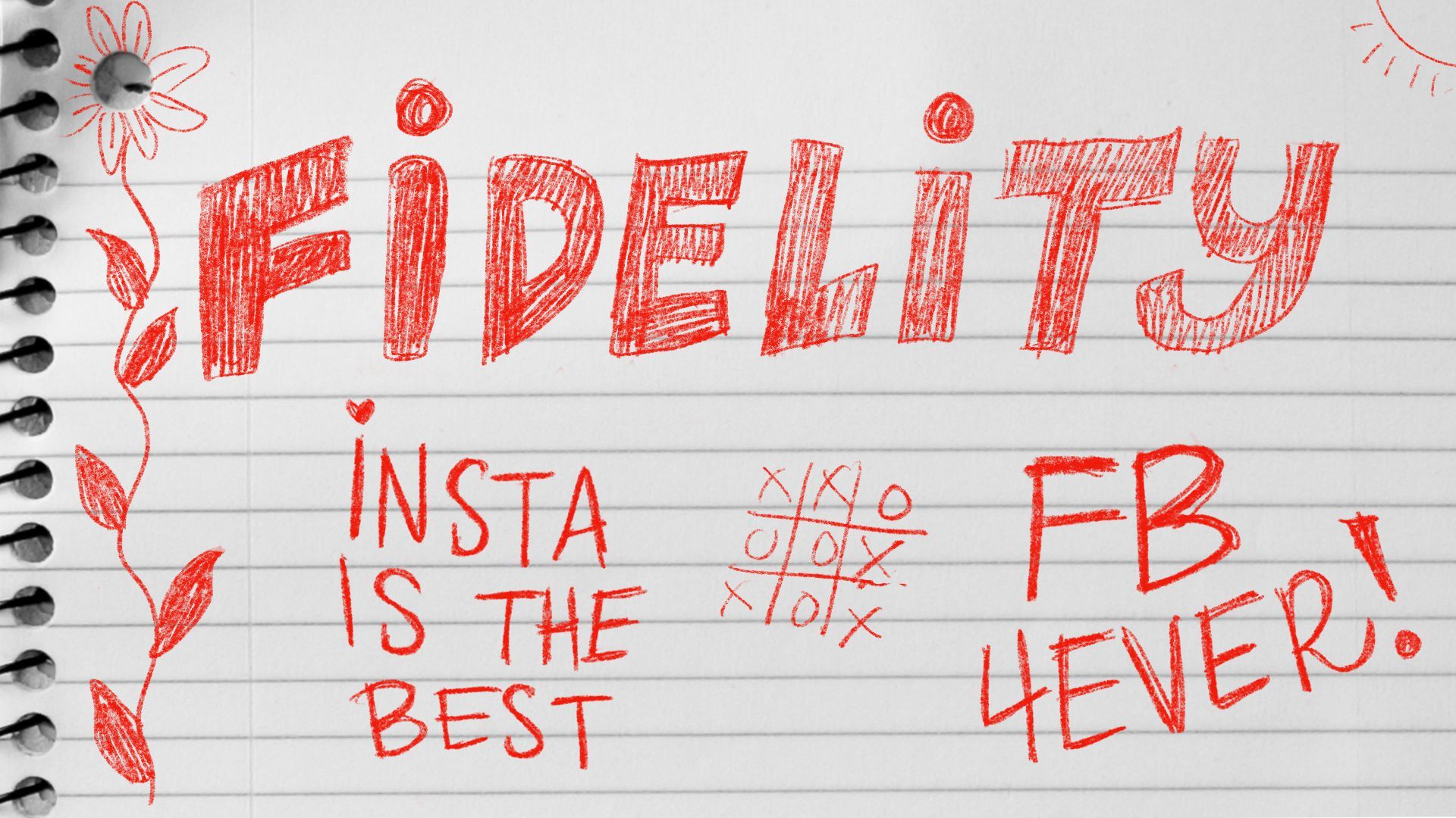 Illustration of a notebook page with doodles of Fidelity, Facebook and Instagram.