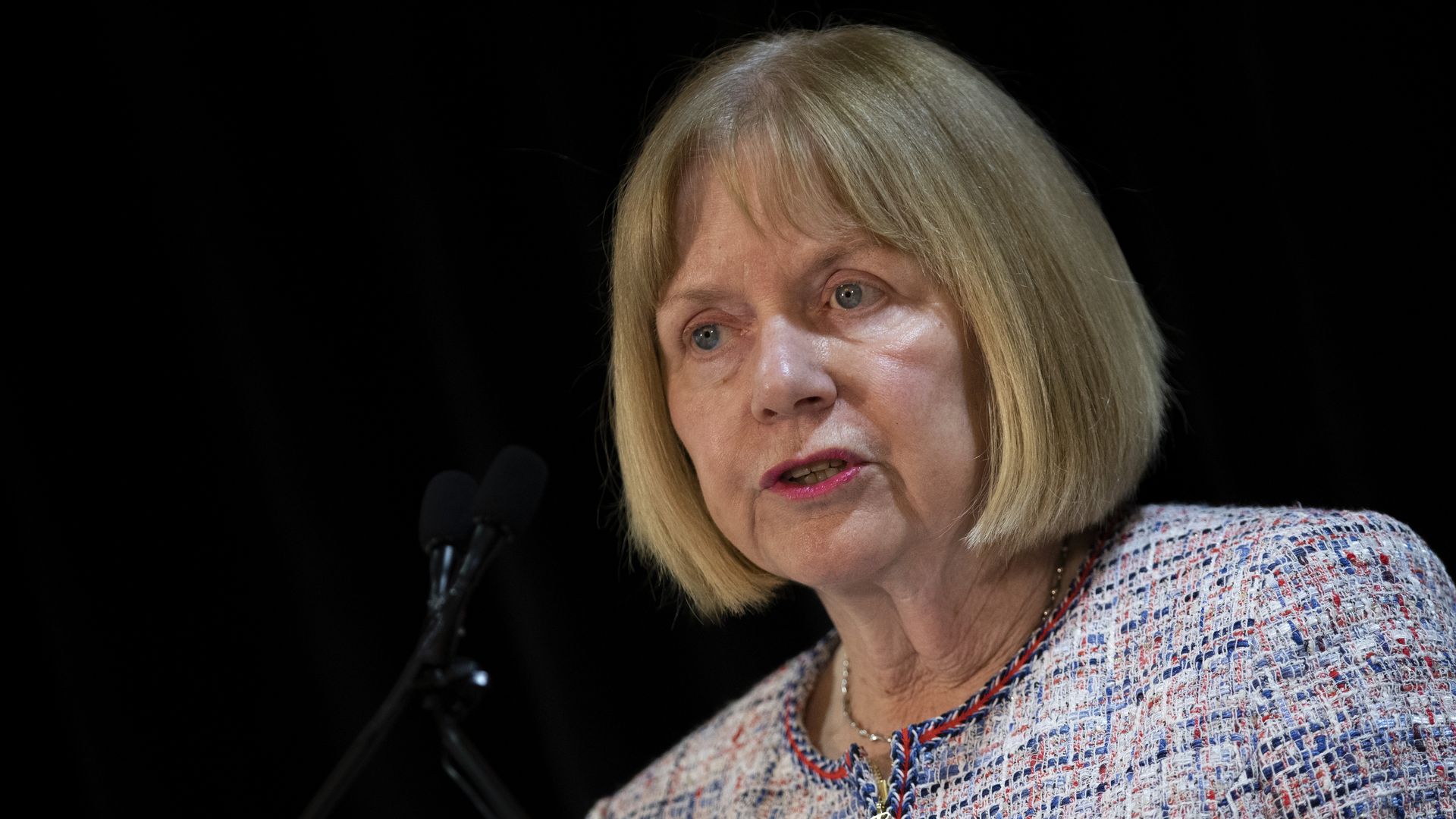 Former federal judge Barbara Jones speaking at news conference in New York City in September 2019.