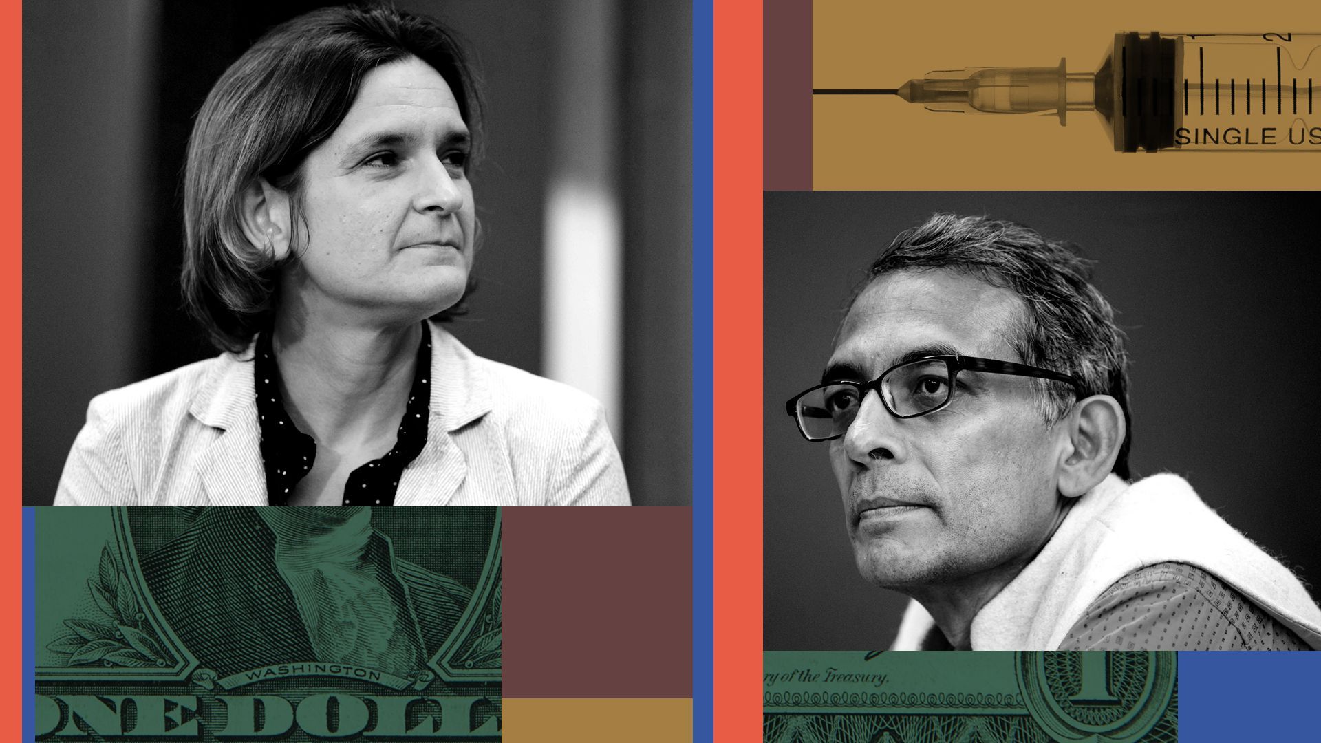 Photo illustration of Esther Duflo and Abhijit Banerje with a dollar bill and a syringe