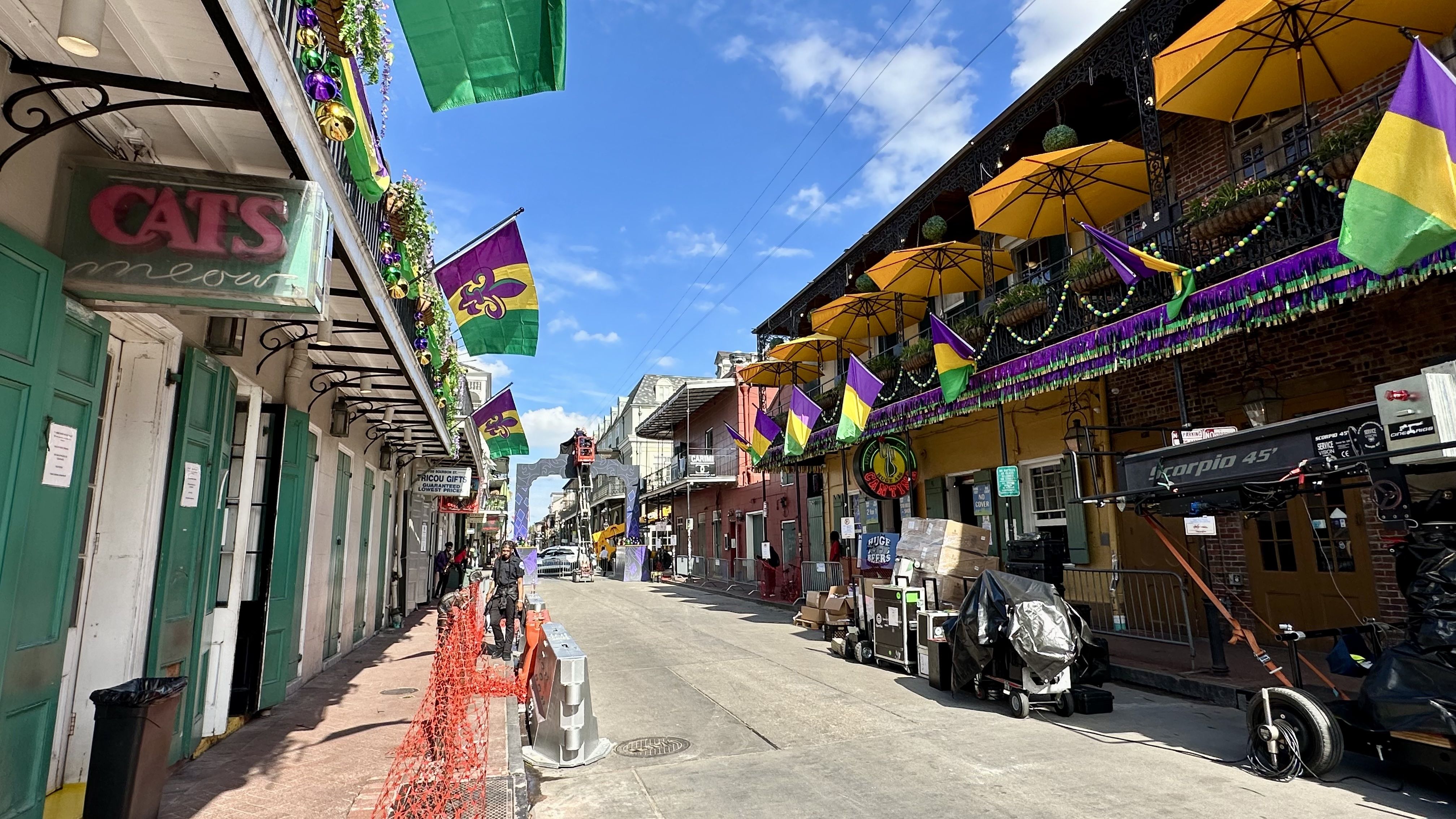 Photo shows a decorated Bourbon Street.