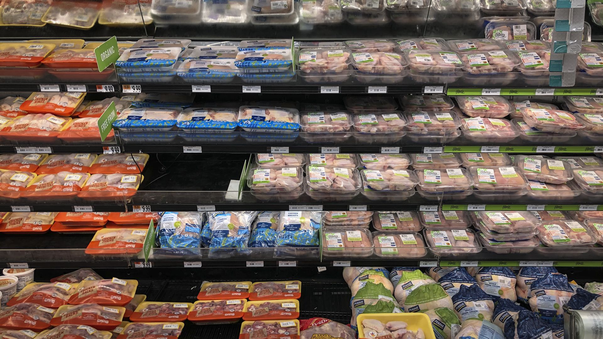 Meat on shelves.