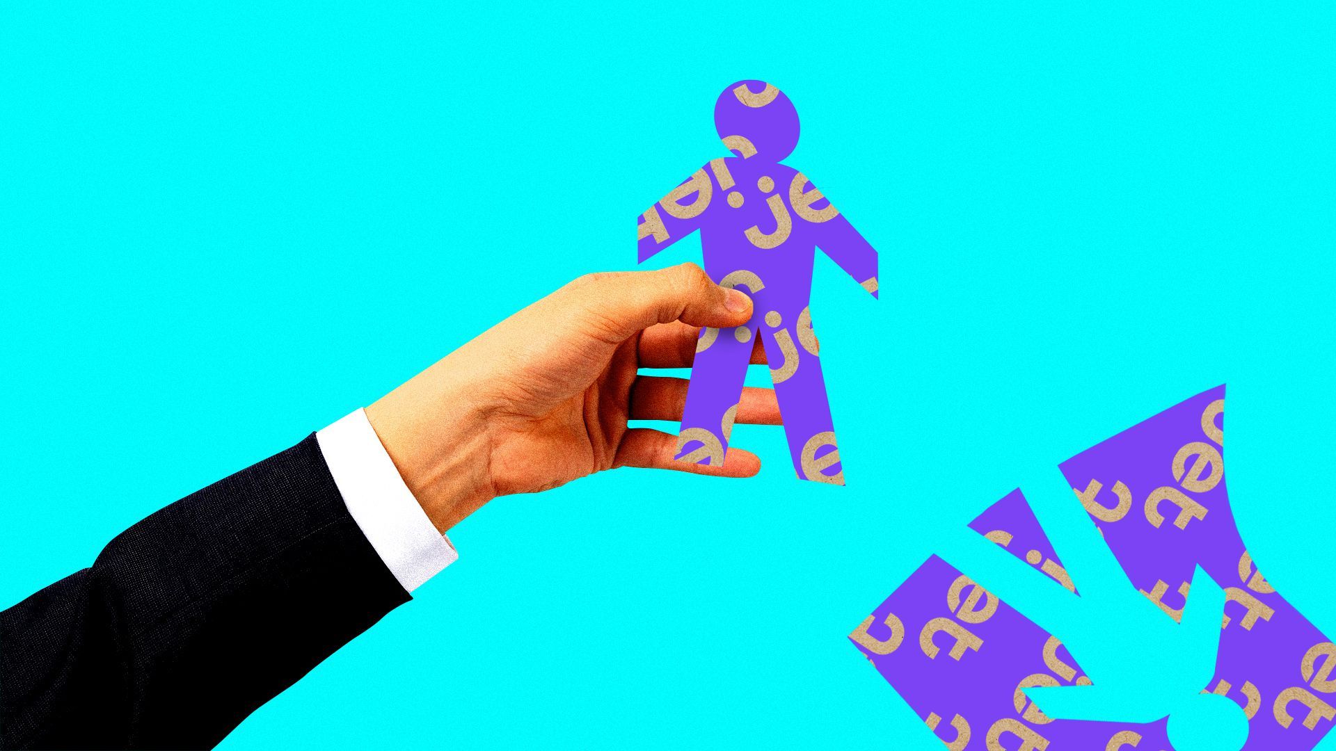 Illustration of a hand holding a cut out man made from a jet cardboard box. 