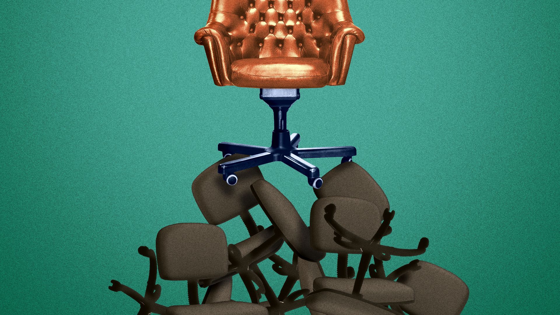 Illustration of a fancy office chair on top of a pile of plain office chairs. 