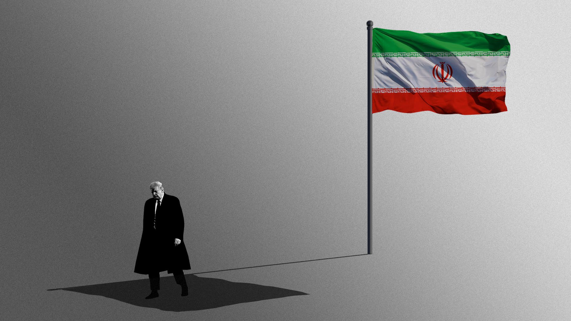 Illustration of President Trump in the shadow of the Iranian flag