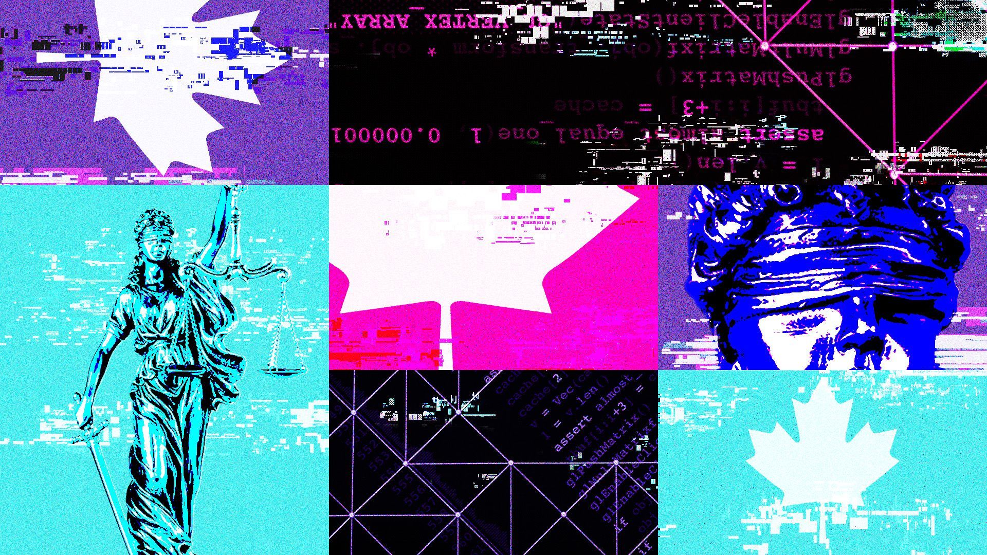 illustration of a neon colored grid with images of a gavel, the canadian maple leaf and binary code