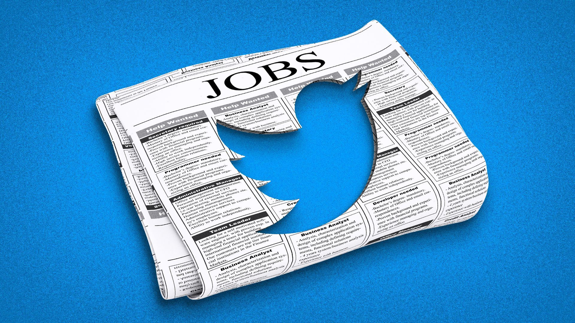 Illustration of the Twitter logo cutout from the jobs page in a newspaper.
