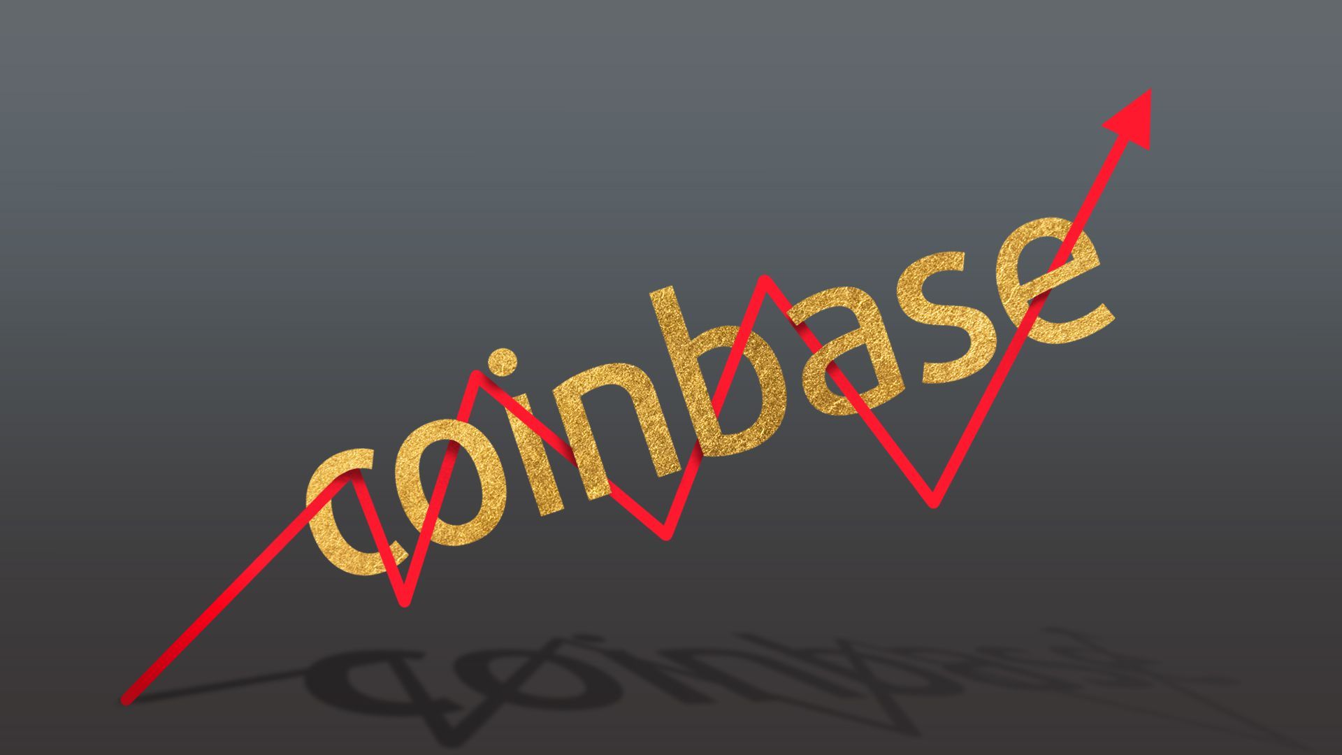 Illustration of the Coinbase logo being lifted by a stock trend line