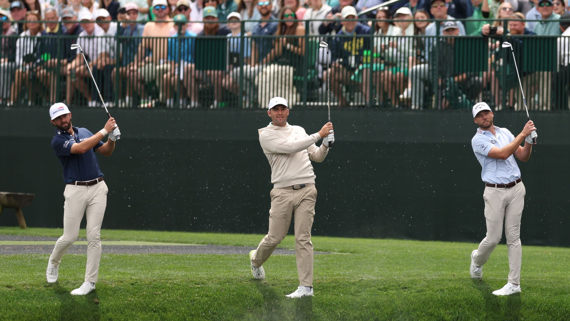 Image shows three golfers swinging clubs.