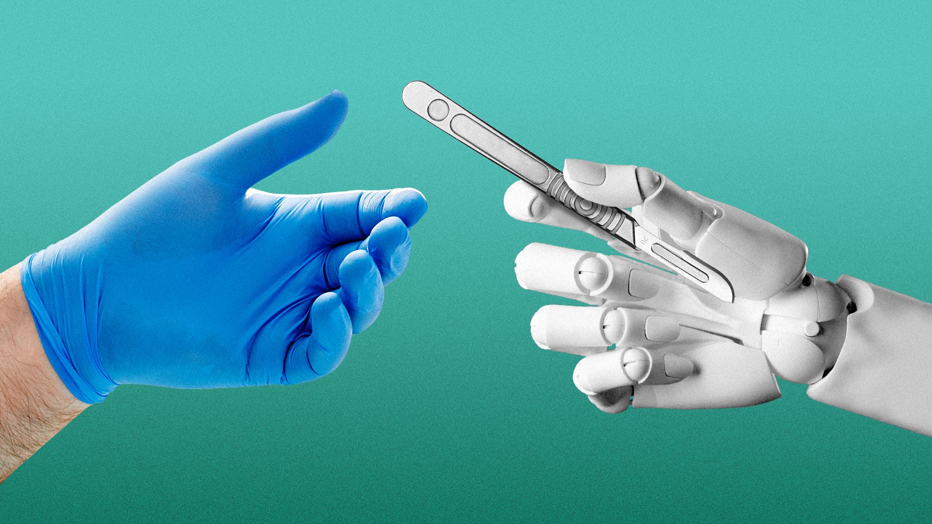 Illustration of a robot handing a scalpel to a surgeon.