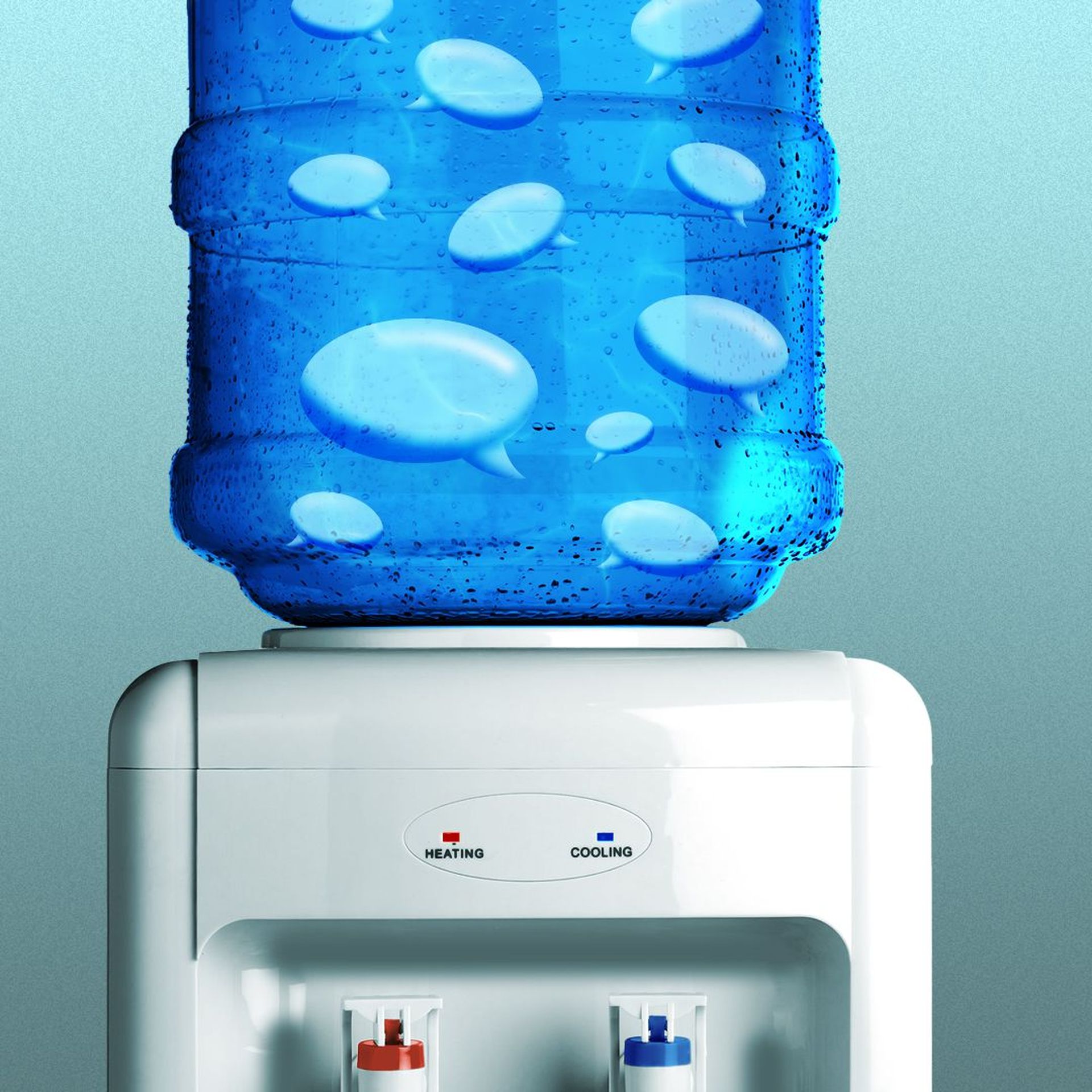 Illustration of a water cooler filled with chat bubbles
