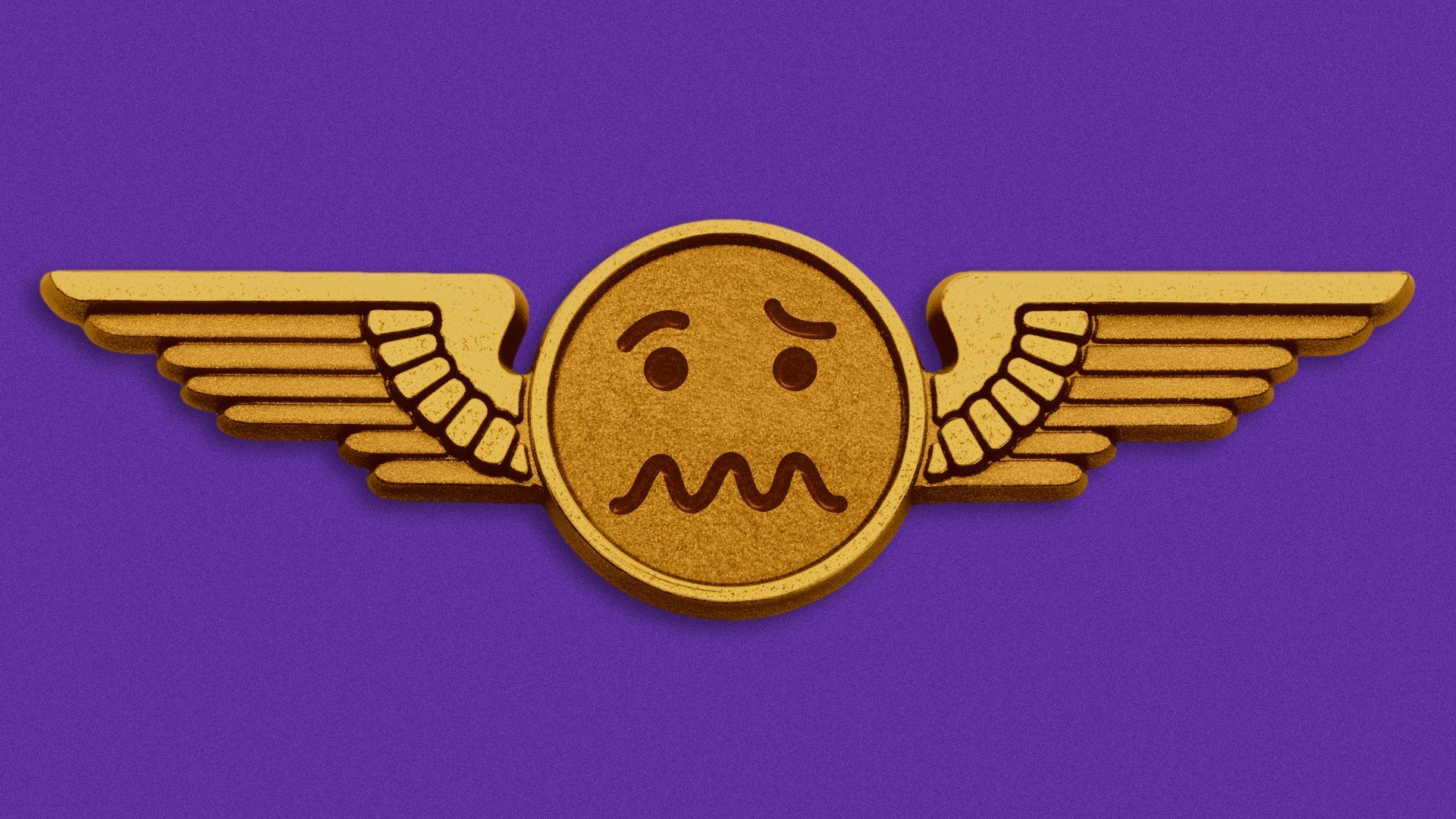 Illustration of a golden airplane wing pin with a woozy or confused emoji.