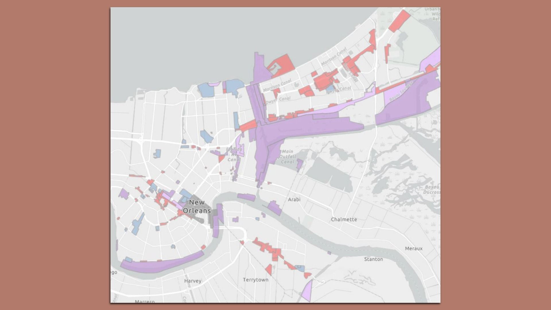 A map view of New Orleans area with purple and pink/red overlays along canals; light gray streets; brown outer background.