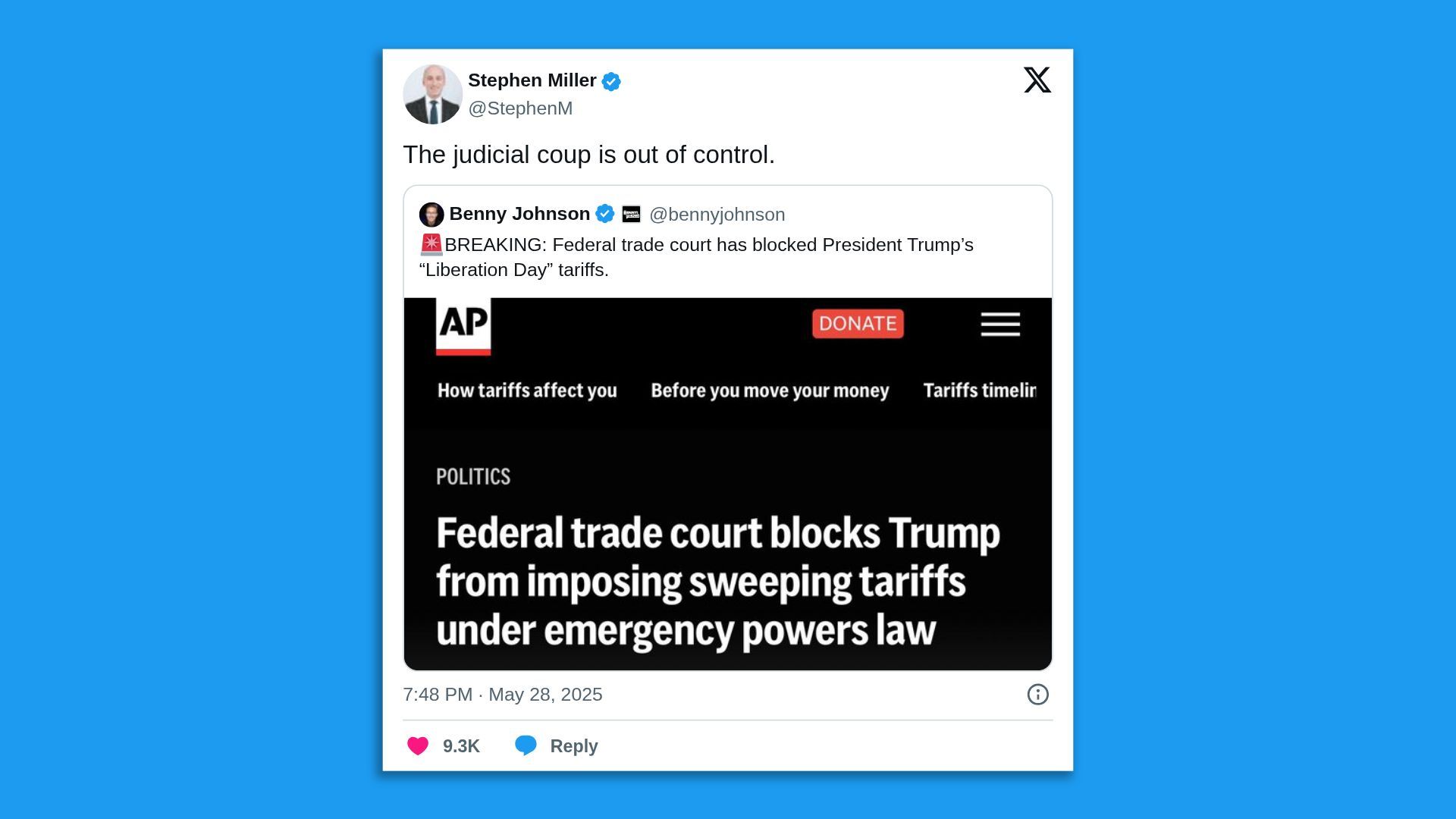 Stephen Miller post on X: "The judicial coup is out of control."