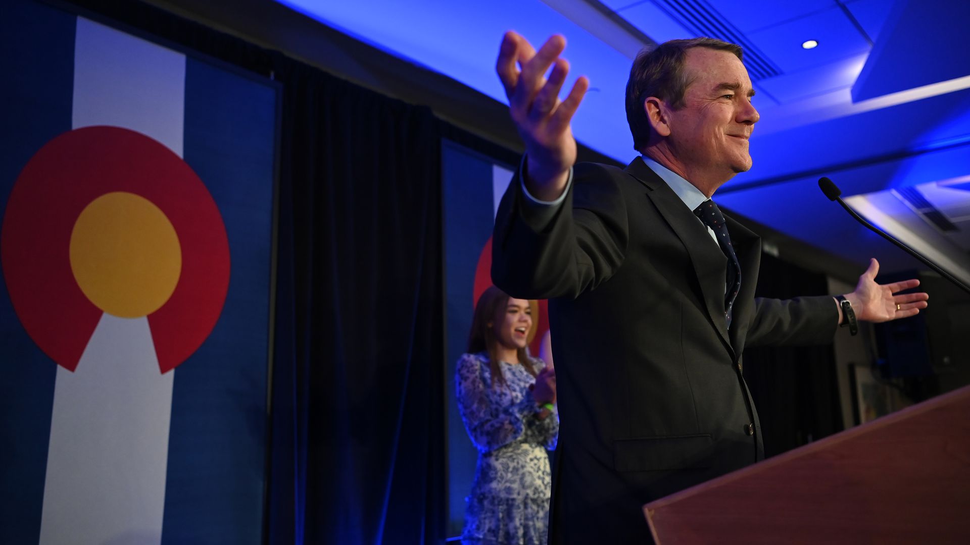 U.S. Sen Michael Bennet celebrates victory at a Democratic election night watch party at the Art Hotel Denver on Tuesday. Photo: Matt McClain/The Washington Post via Getty Images