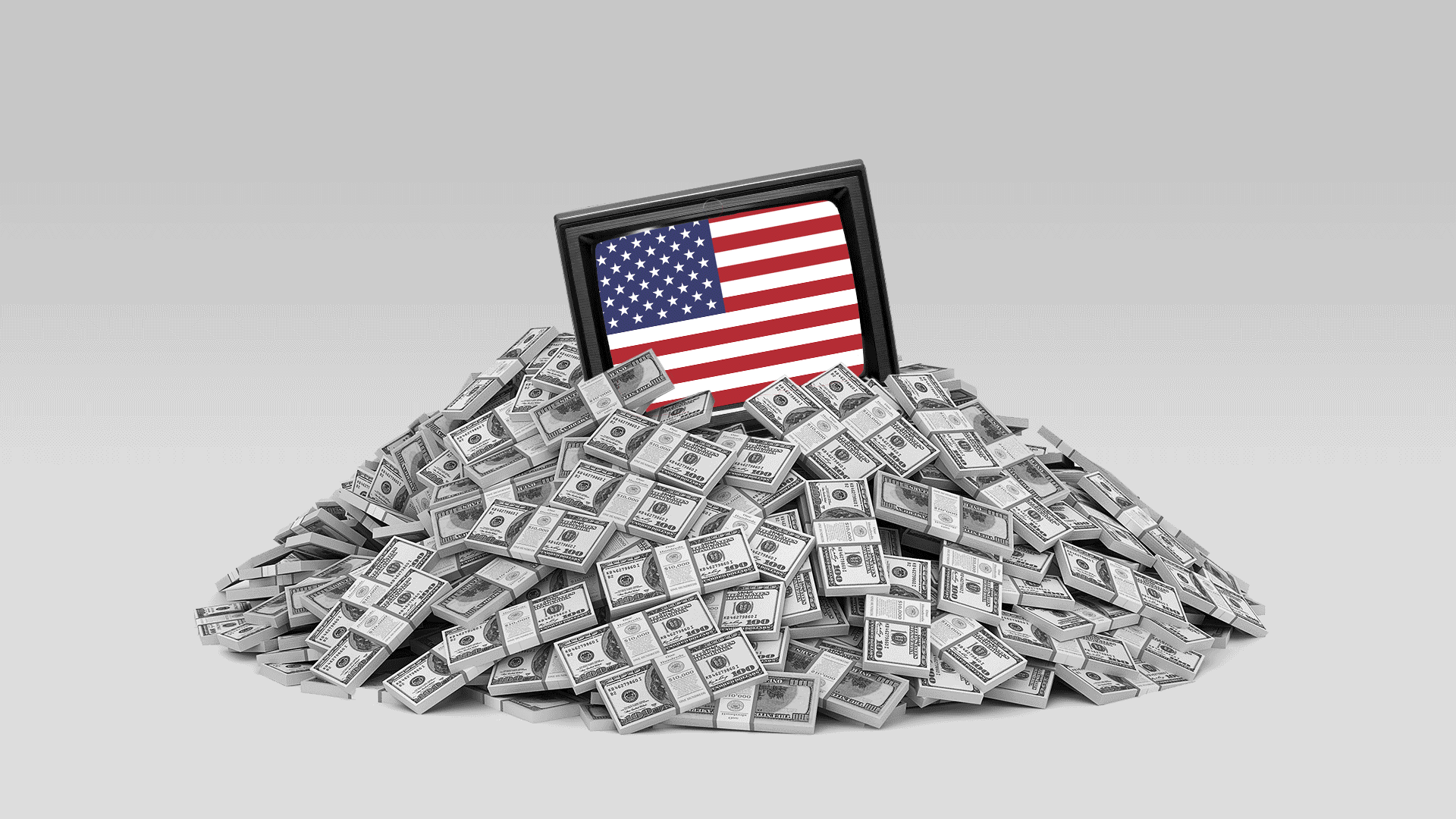Animated photo illustration of a television in a pile of money displaying a glitching American flag