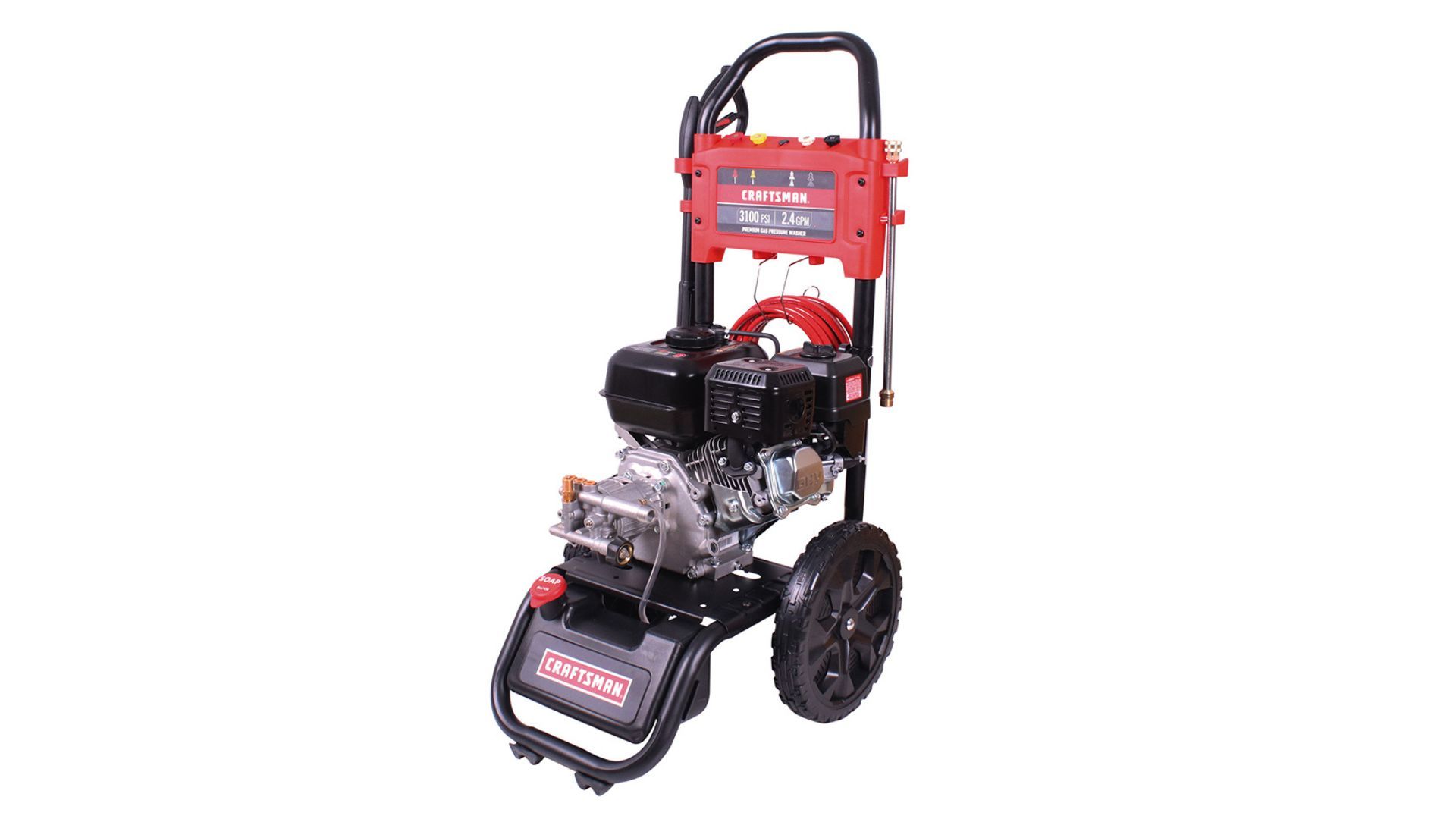A Craftsman gas-powered pressure washer with large wheels and a red and black frame.