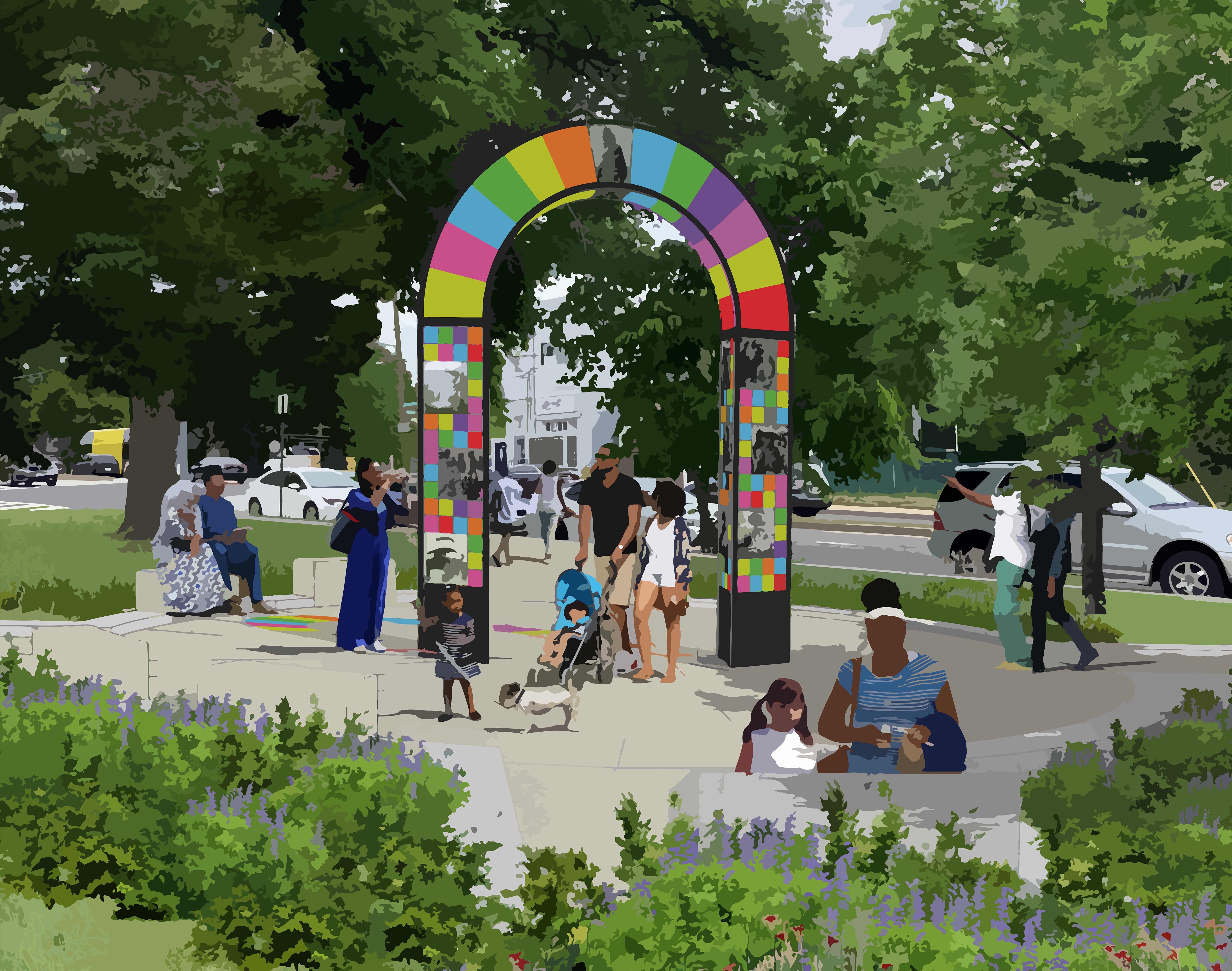 People walk around a colorful memorial placed on a stretch of grass.