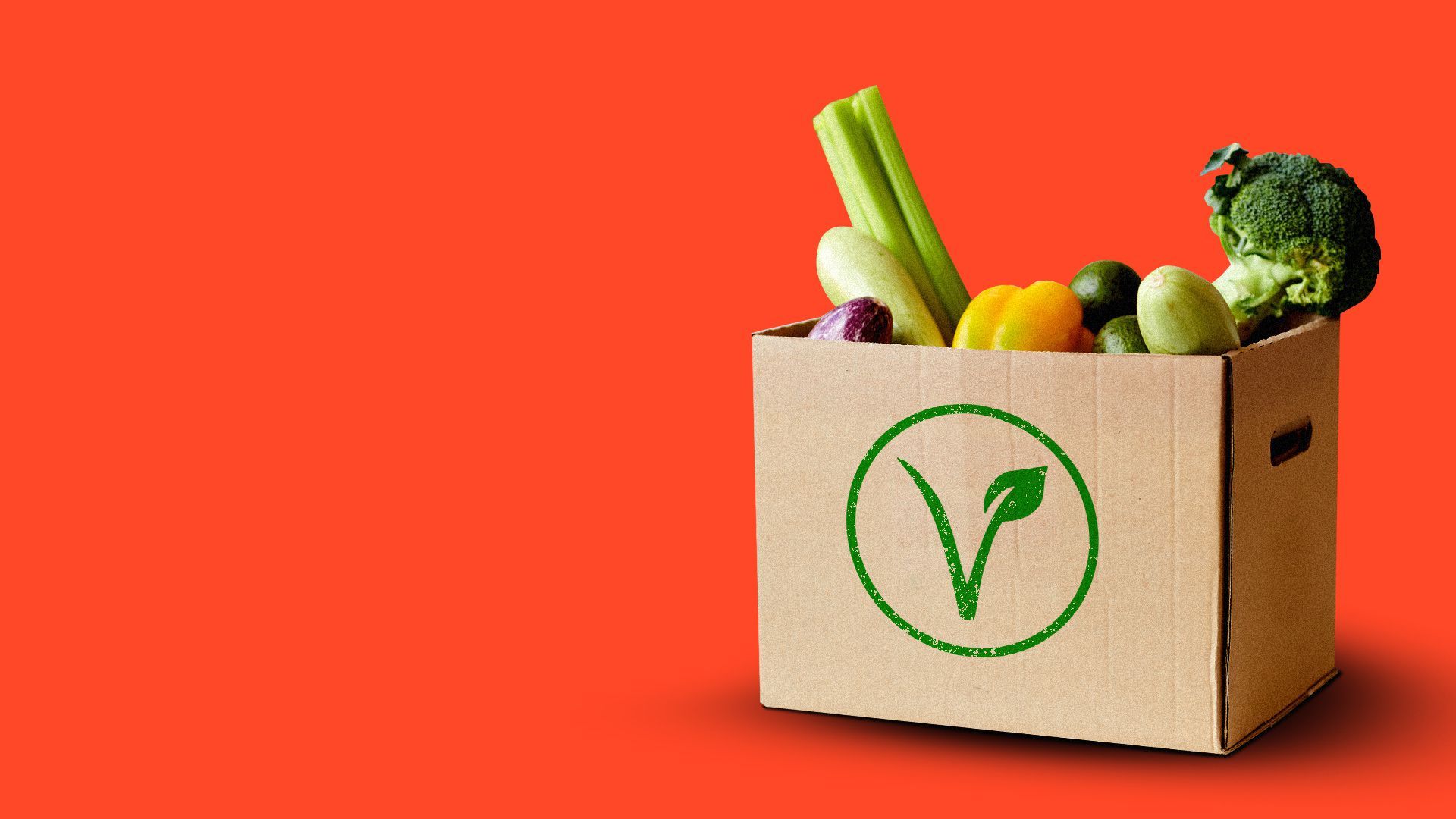 Illustration of a box of food donations with the vegan symbol on the front.