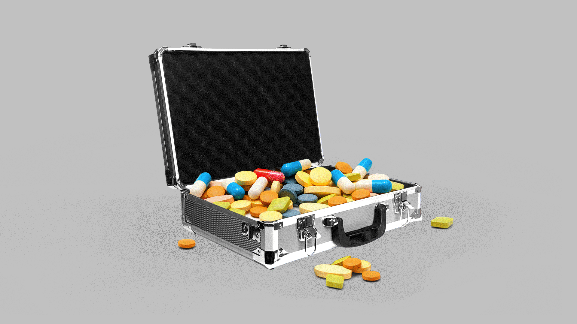 Illustration of an opened metallic suitcase overflowing with pills