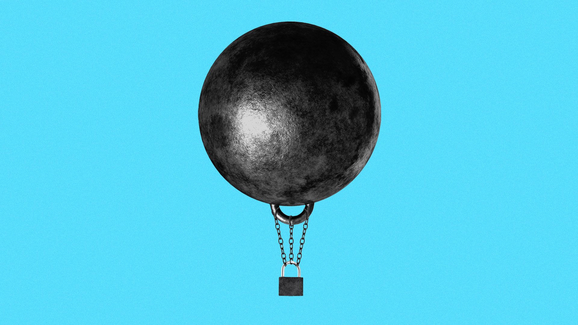 Illustration of a hot air balloon made out of a ball and chain and a padlock. 
