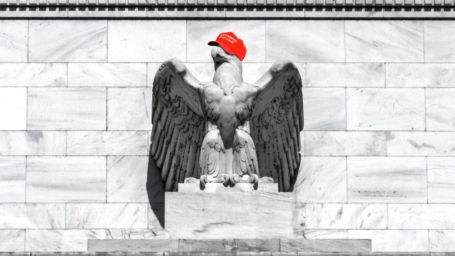 The Eagle on the facade of the Federal Reserve building wearing a MAGA hat.