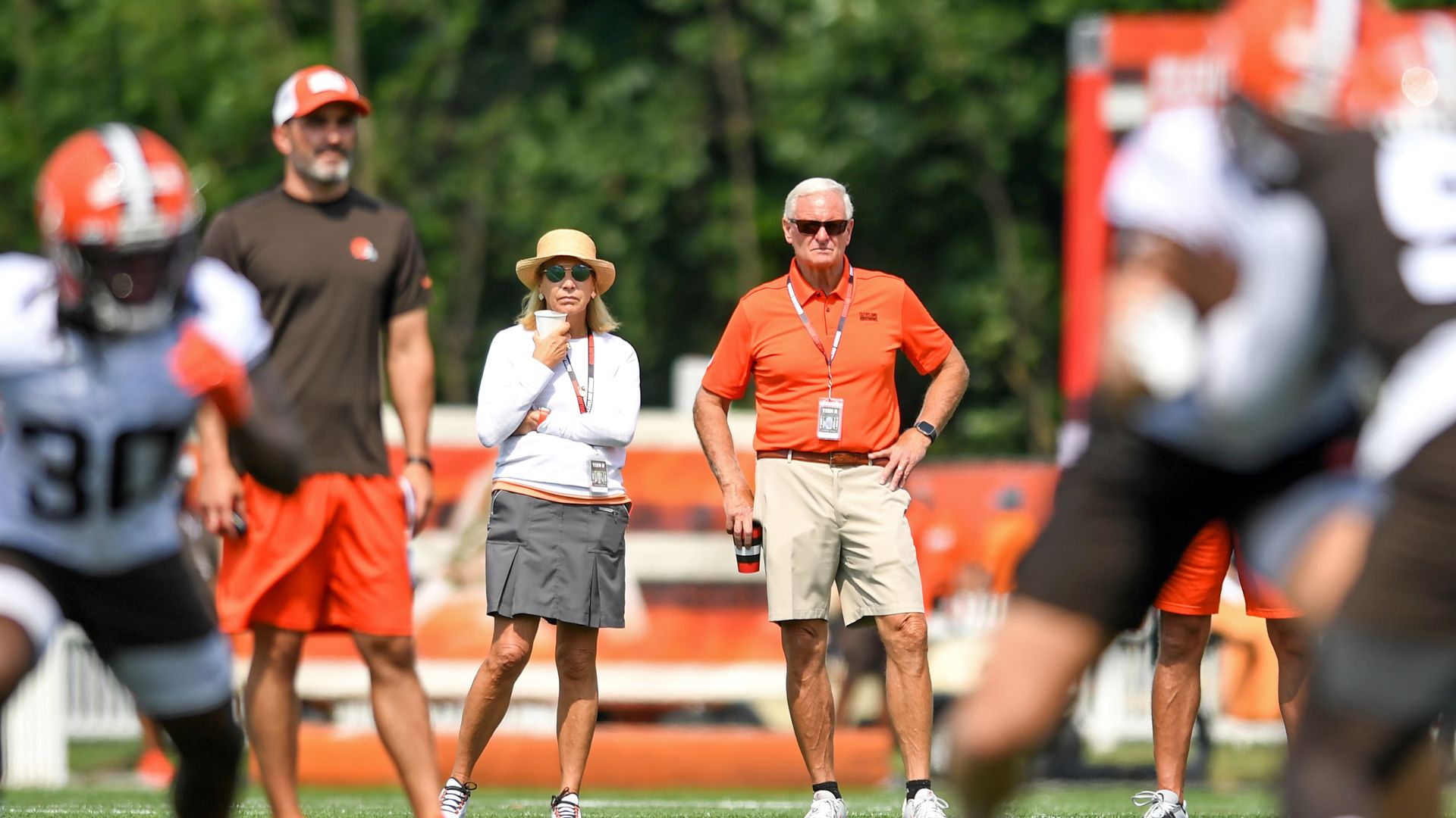 Browns owners Dee and Jimmy Haslam look on as the team practices. 