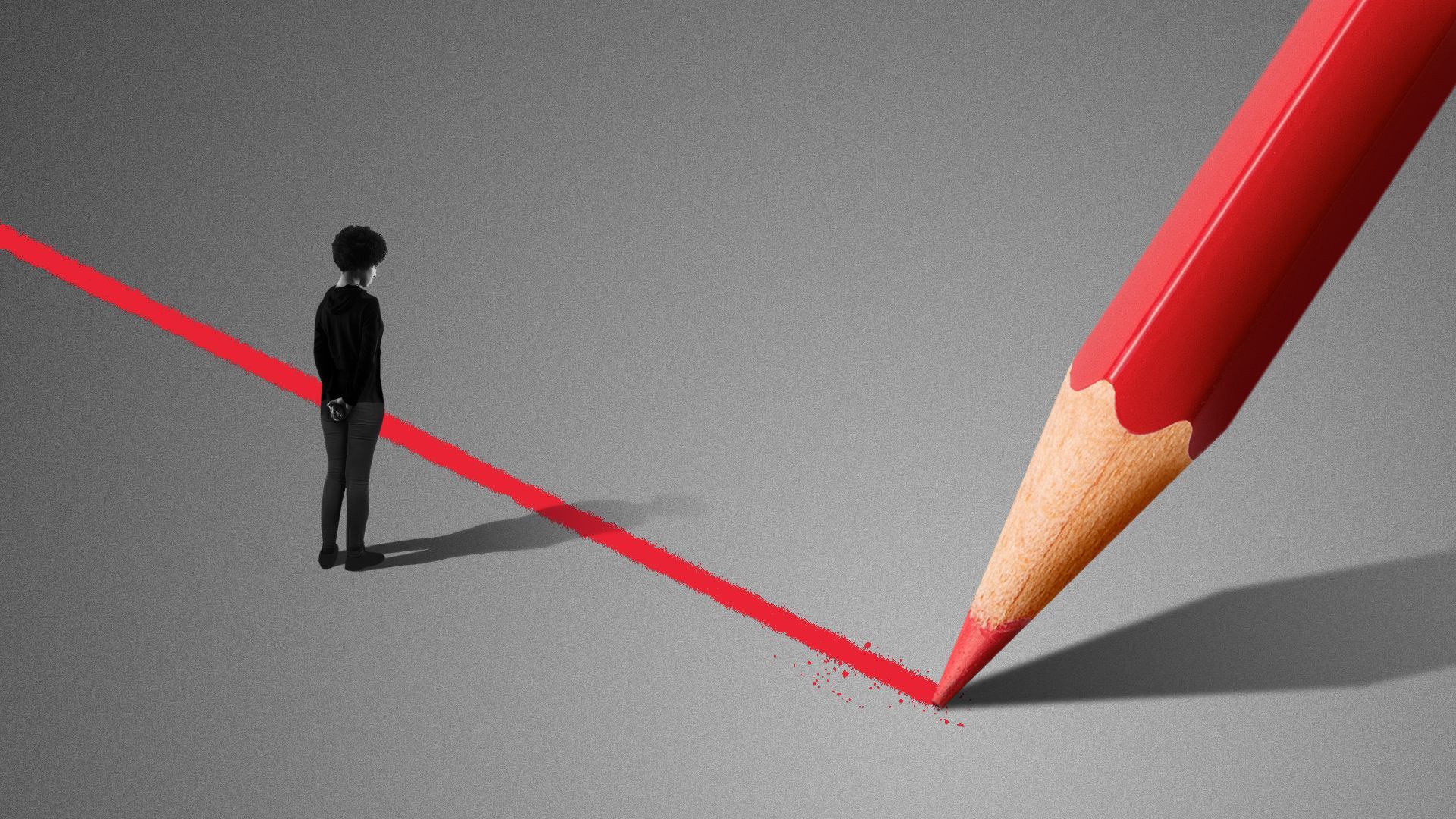 Illustration of a giant pencil drawing a line in front of a lone woman looking down at the line. 