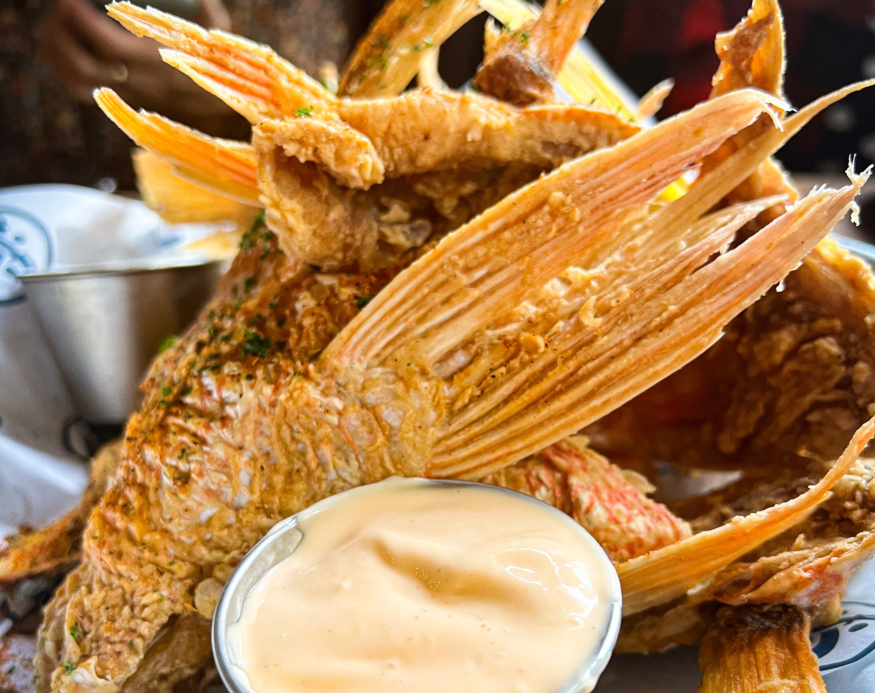 A basket of fried snapper throats with a dipping sauce. 