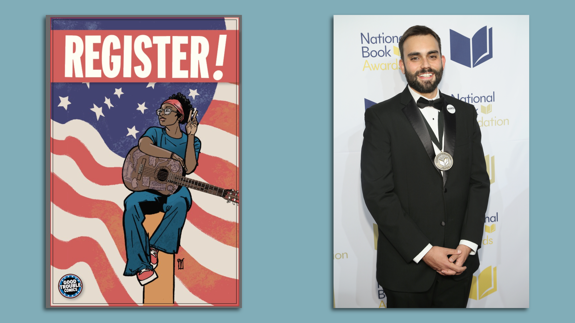 Side by side photos of a comic book cover showing a woman with a guitar sitting on a perch in front of a U.S. flag and the word "REGISTER!" and an individual wearing a tuxedo and a prize medal at an awards event