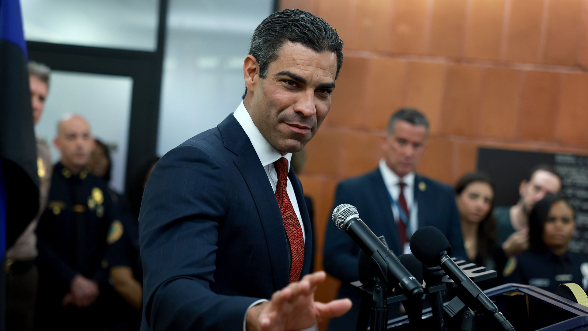 MIAMI, FLORIDA - JUNE 12: City of Miami Mayor Francis Suarez speaks to the media at the Miami Police Department about former President Donald Trump's appearance at the Wilkie D. Ferguson Jr. 