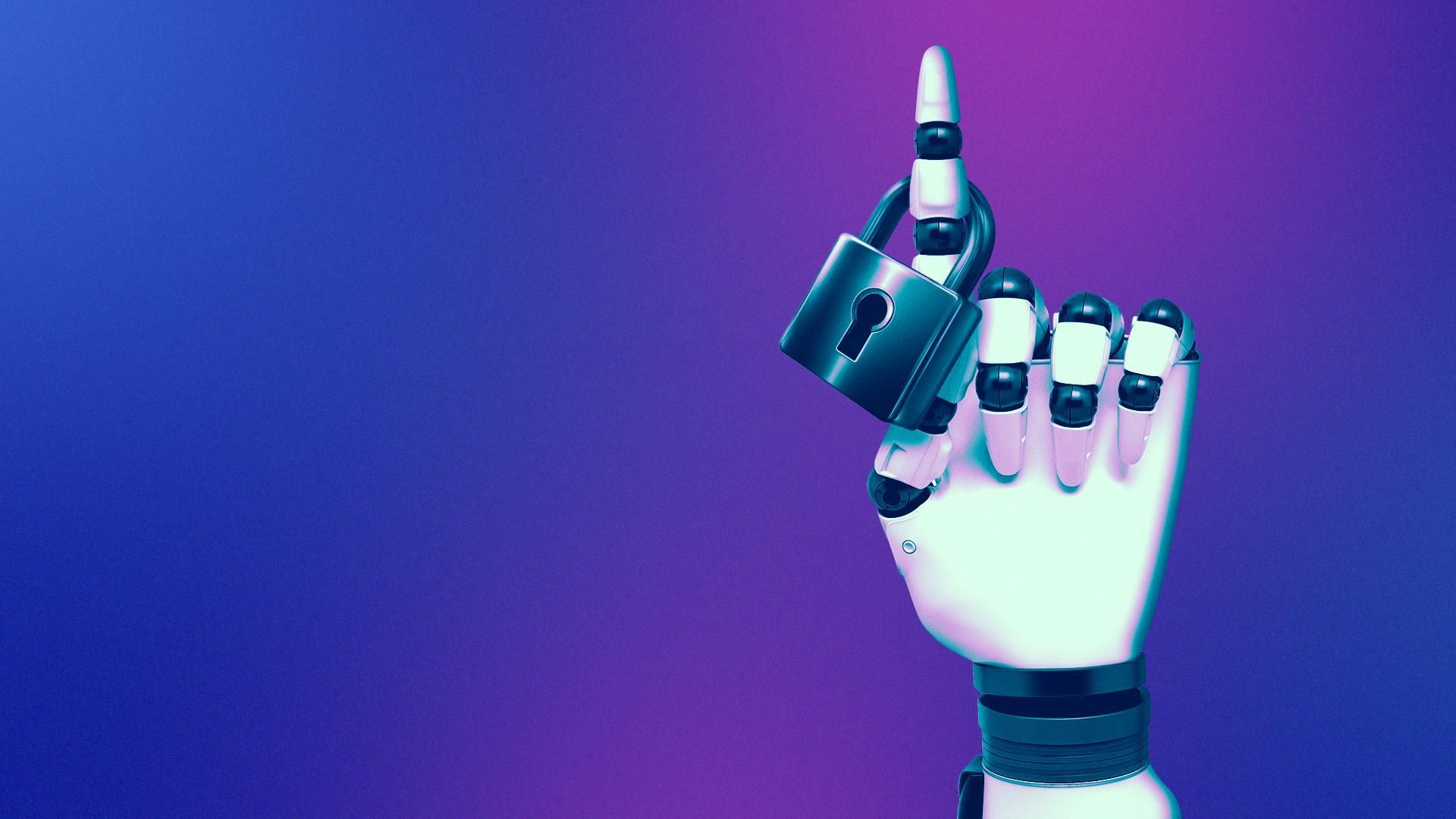 Illustration of a robotic hand with a padlock around its finger.