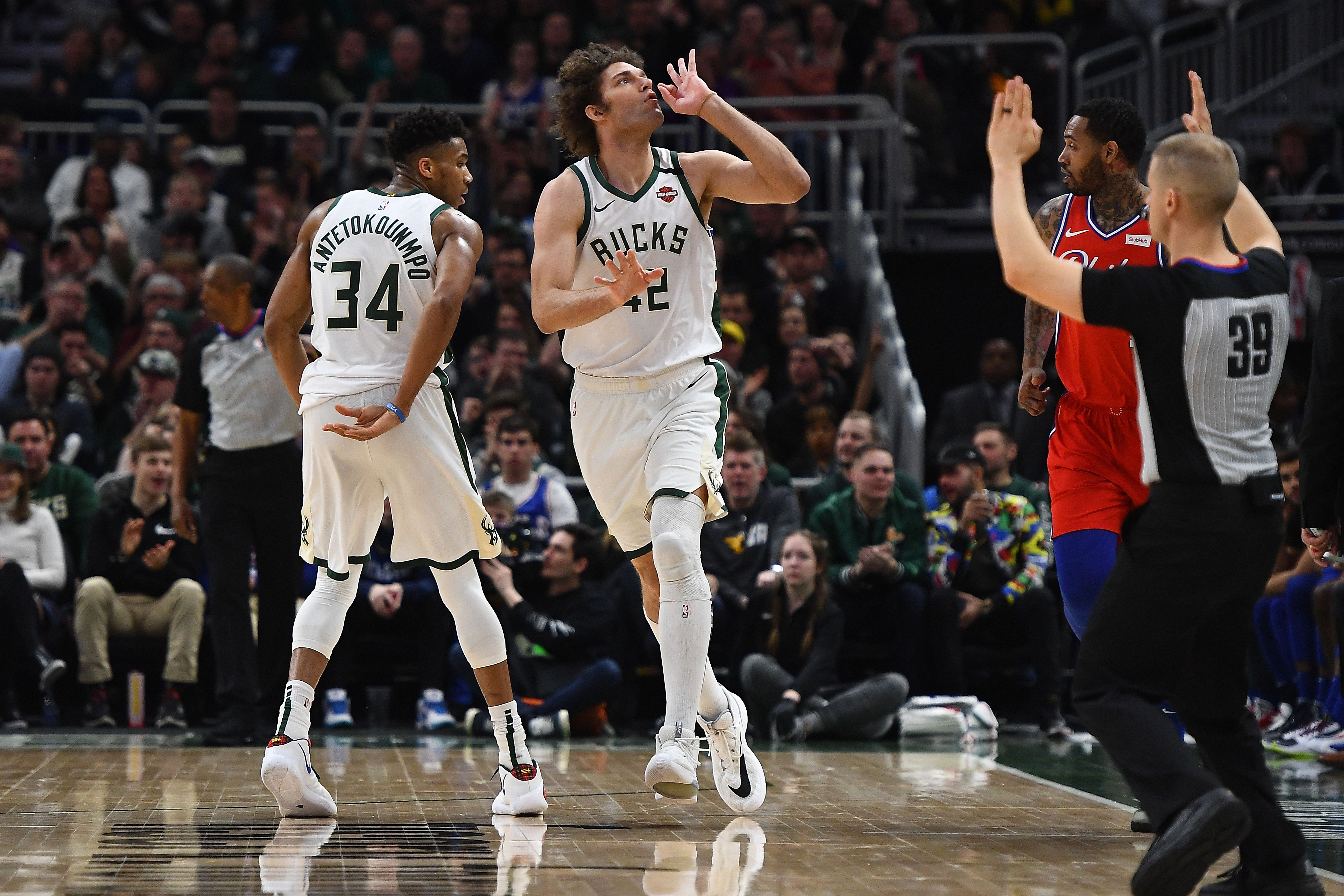 Robin Lopez celebrates a three-pointer