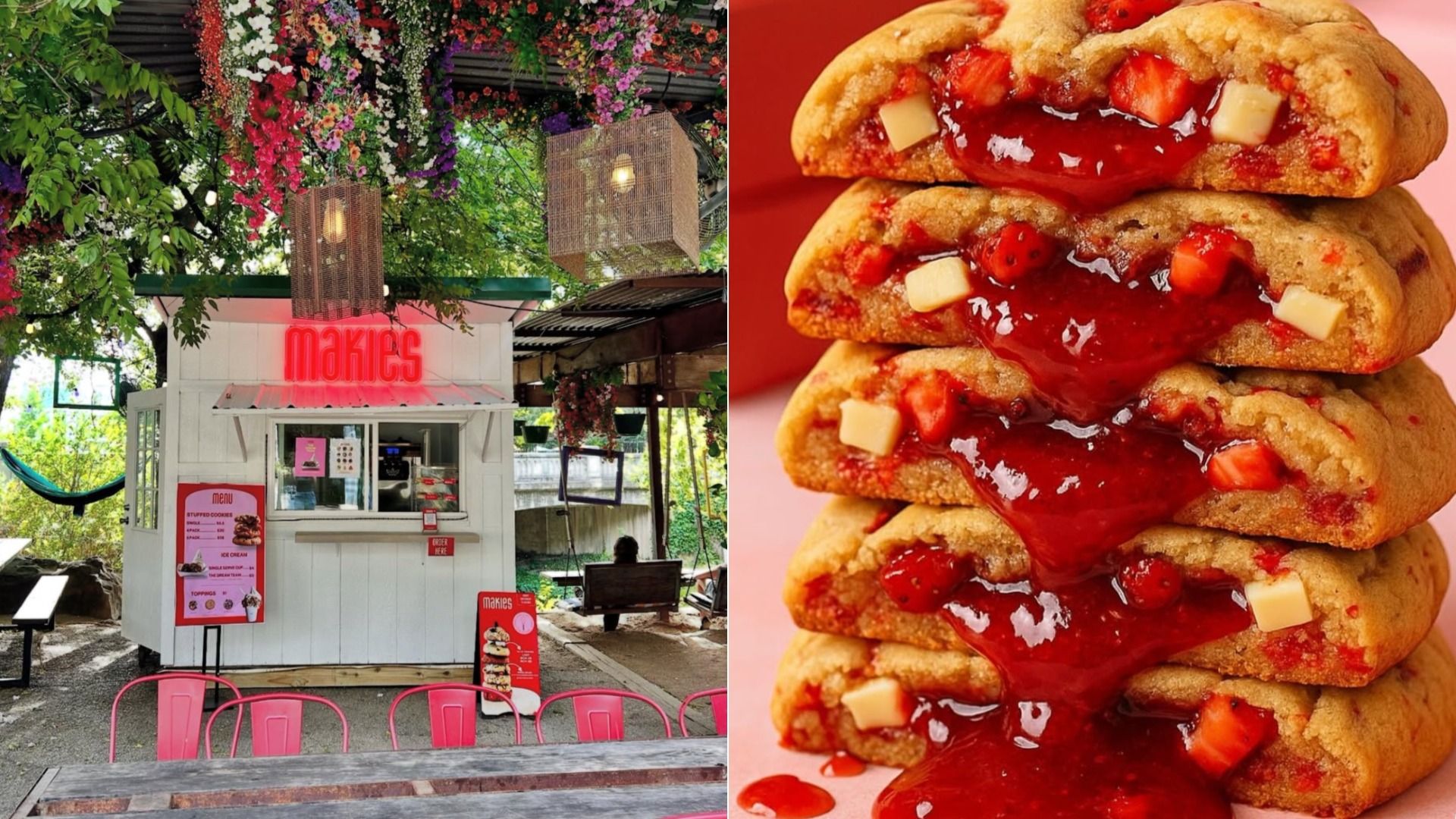 Split image showing Makies cookie kiosk decorated with bright flowers and pink chairs on the left, and a close-up of a stacked strawberry cheesecake cookie oozing with red filling and white chocolate chunks on the right.
