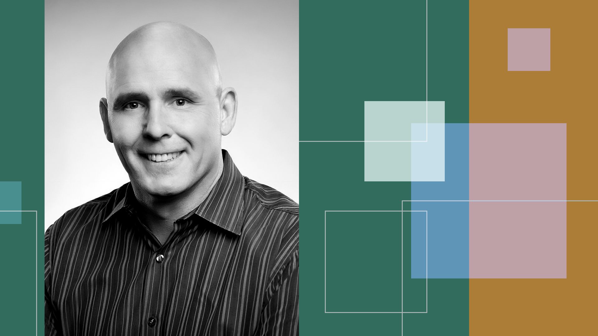 Photo illustration of Gary Hicok surrounded by abstract shapes. 