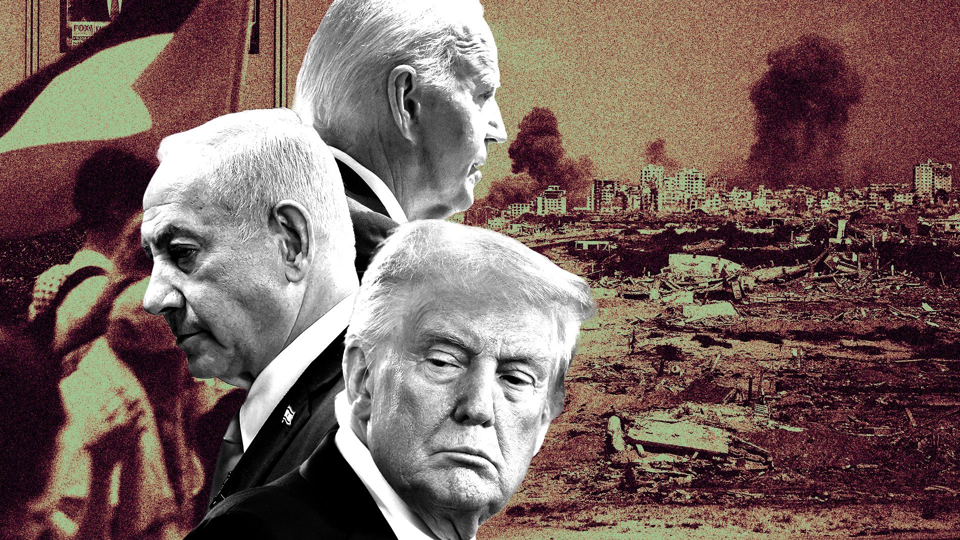 Photo illustration of a collage featuring Joe Biden, Benjamin Netanyahu and Donald Trump forming a column separating scenes of pro-Palestinian protest in New York, and destruction in Gaza City.