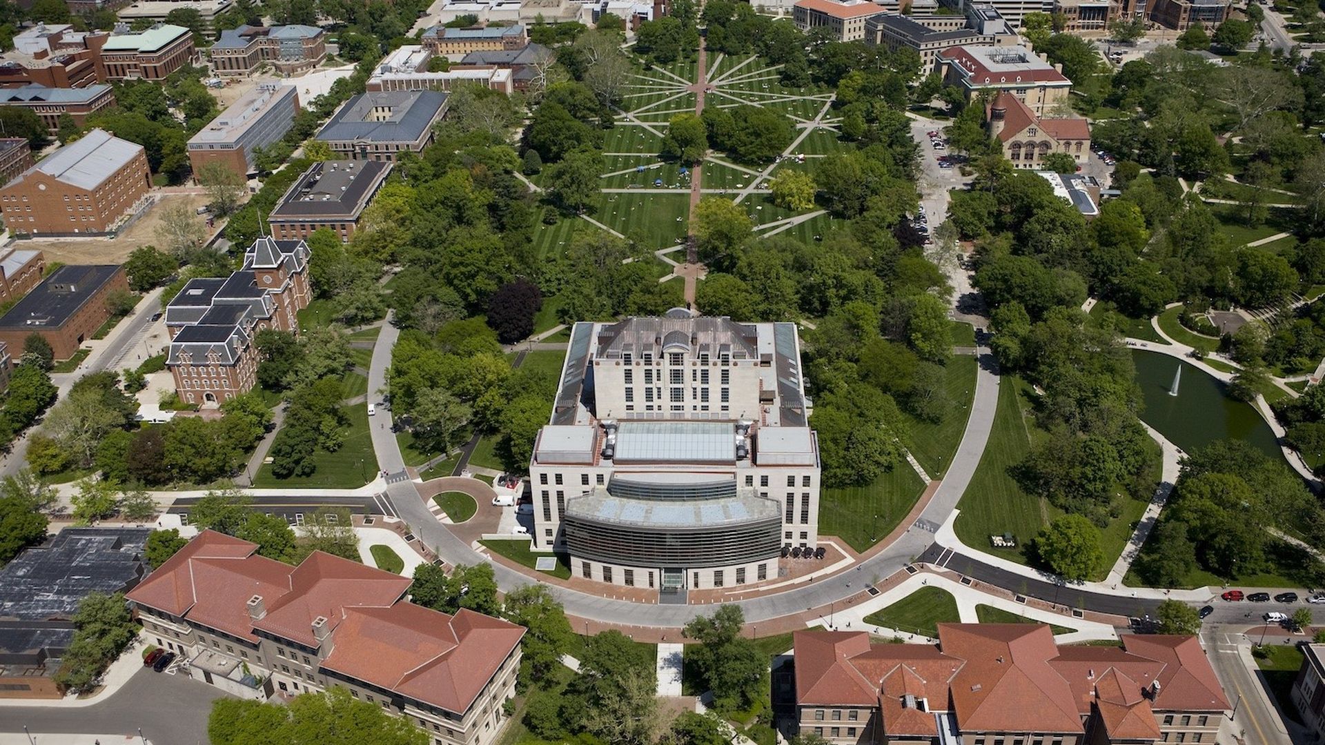 An aerial overview photo of the OSU campus Oval