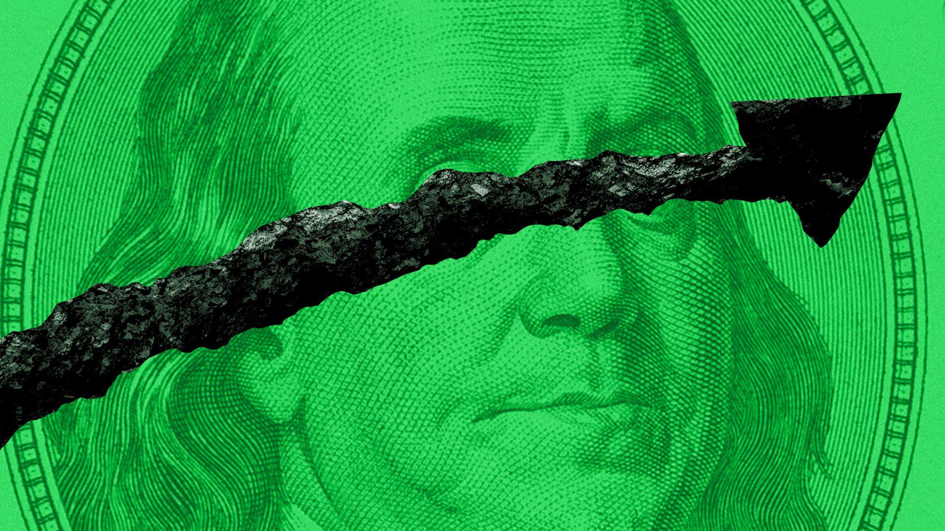 Illustration of 100 dollar bill torn by an arrow crack.