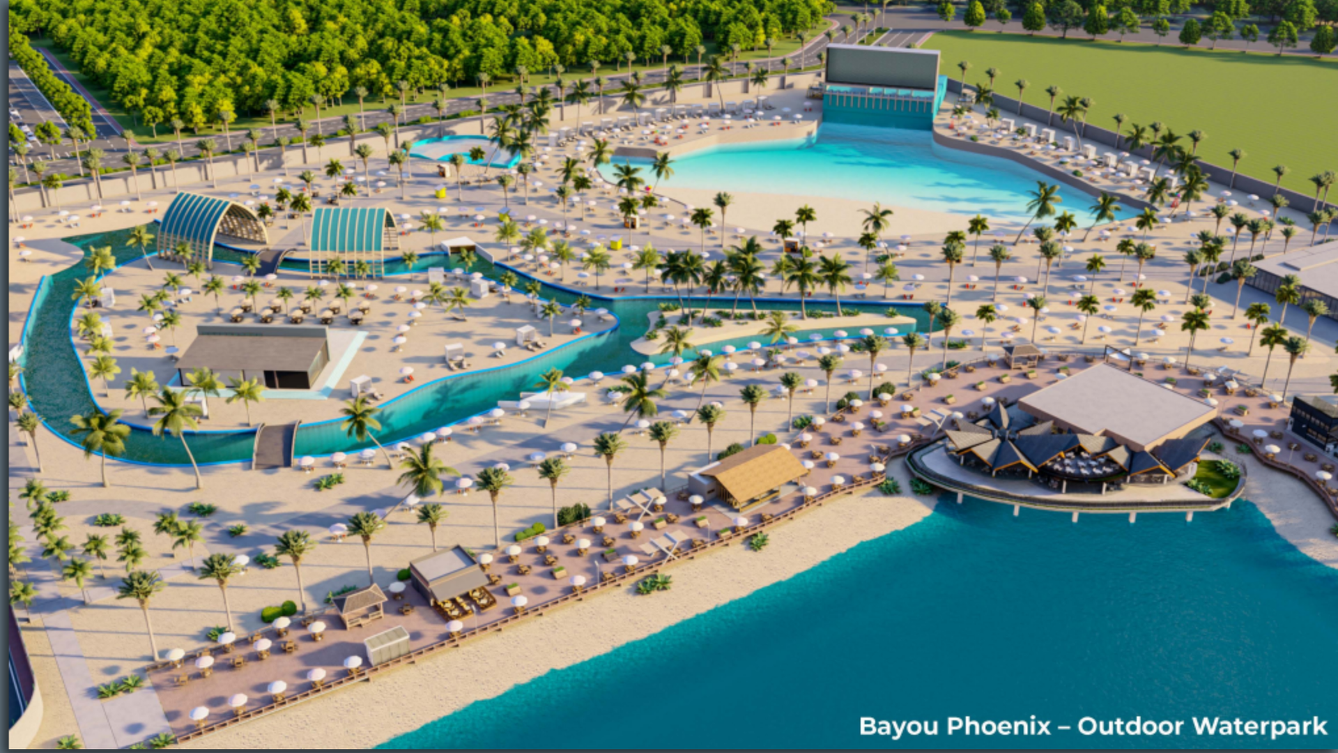 Rendering shows an outdoor water park in New Orleans