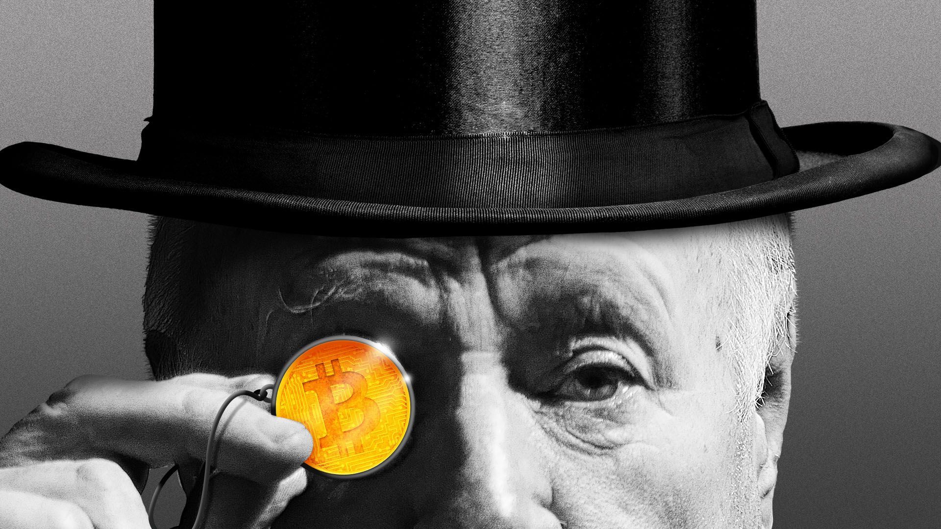 Illustration of an older gentleman in a tophat with a bitcoin for a monocle