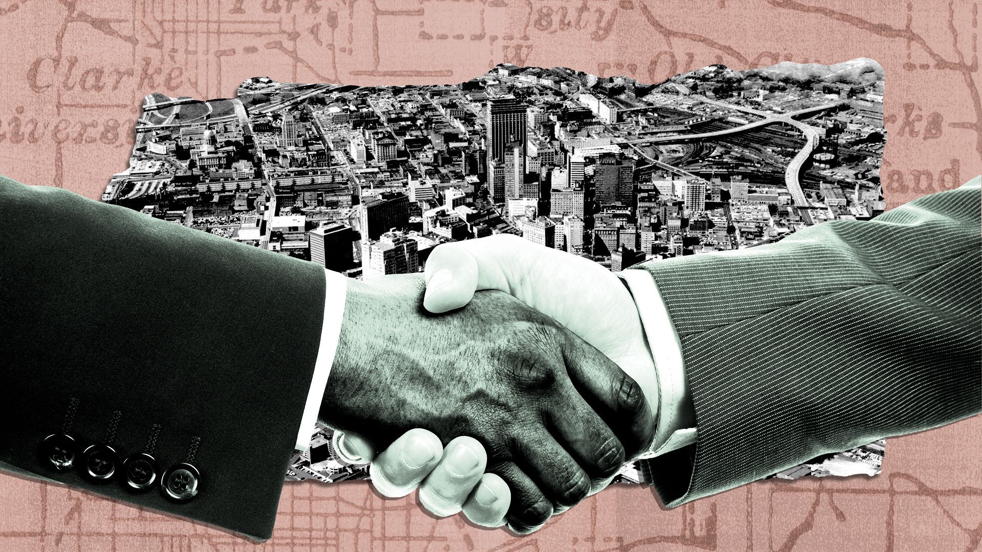 Photo illustration of a collage featuring a handshake between a Black man and a white man wearing suits, a photo of downtown Atlanta from 1966, and elements of maps.
