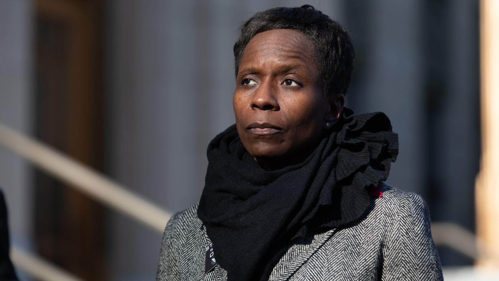 Shannon Manigault stands outside the old City Hall in Atlanta during a press conference held Monday, Feb. 17.