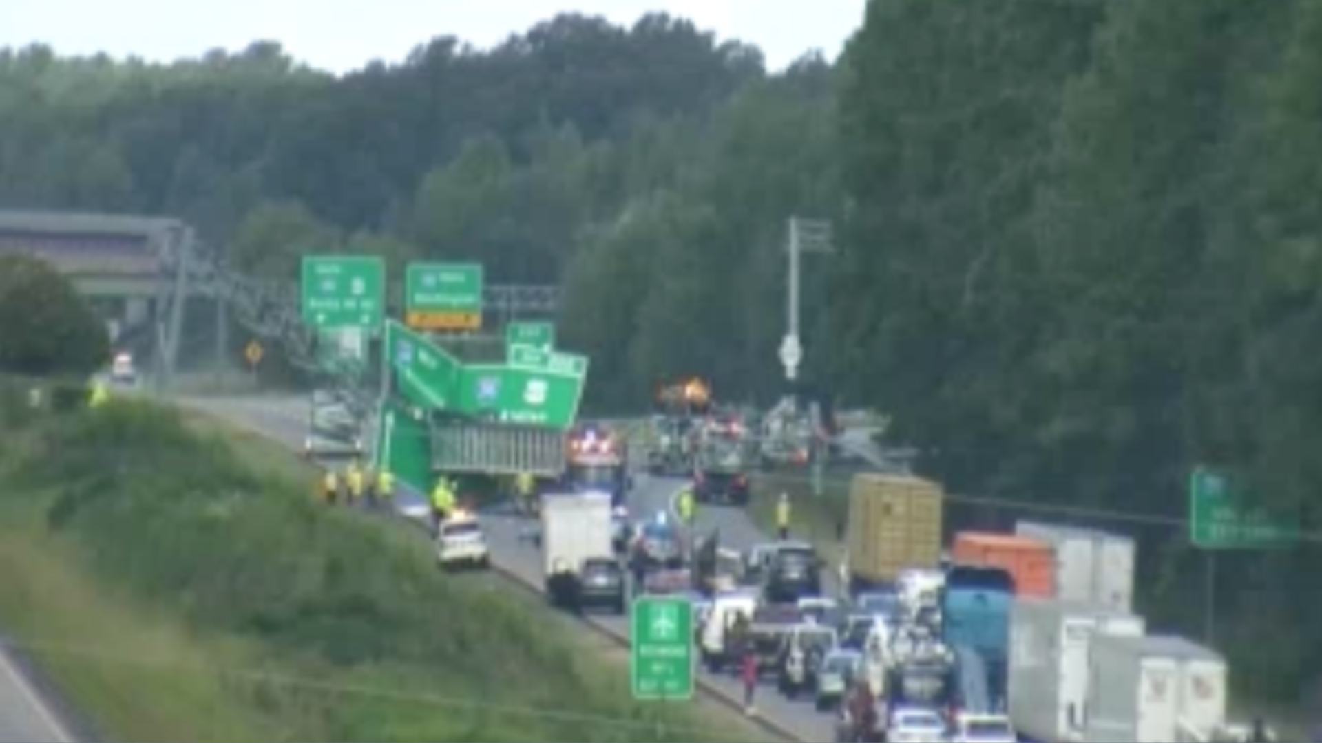 A screenshot of traffic being backed up because something brought down highway signs