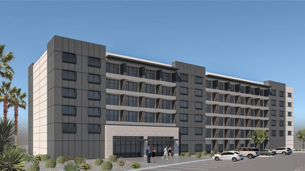 A rendering of an apartment building. 
