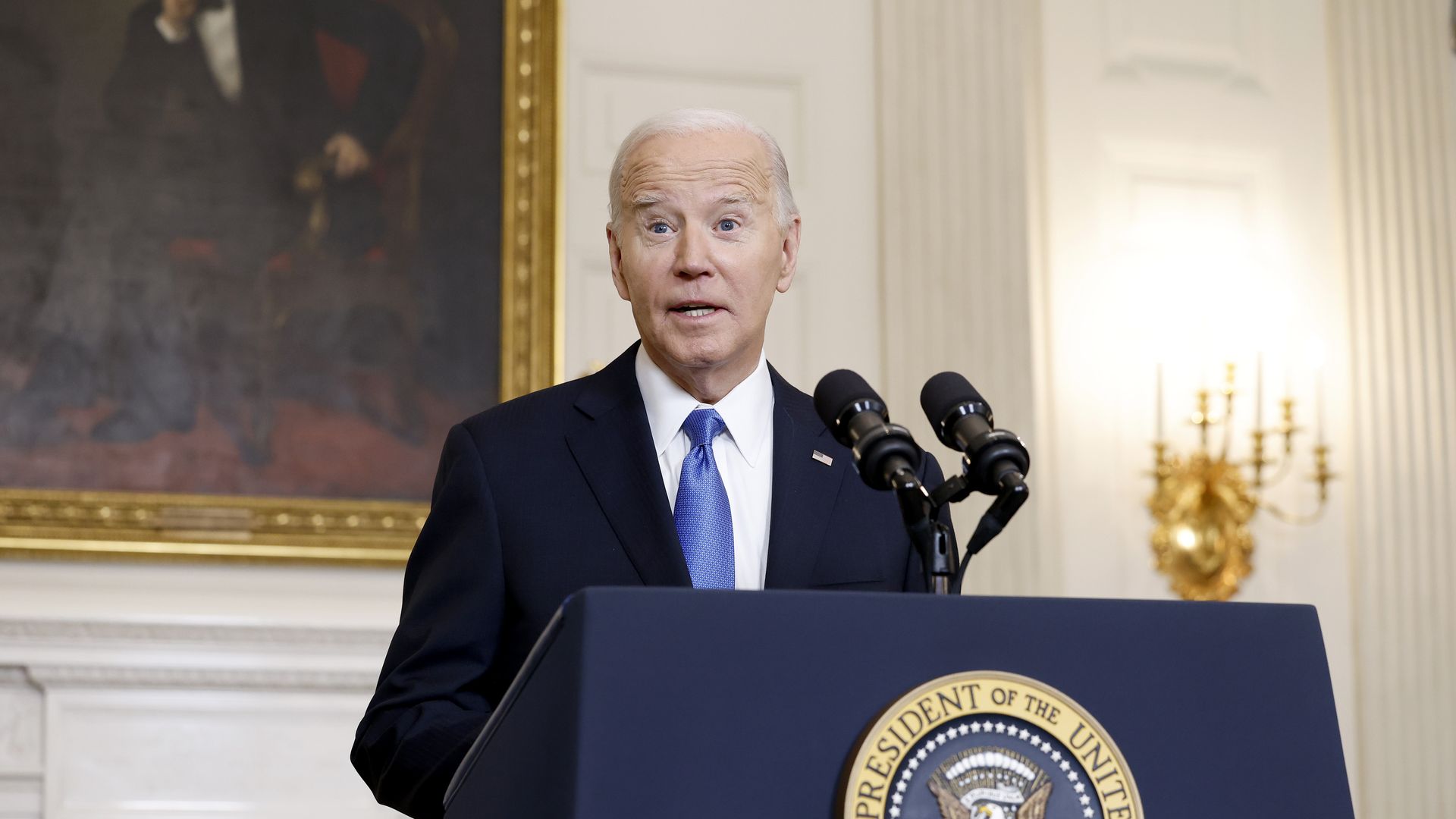 President Joe Biden speaks on the Senate's recent passage of the National Security Supplemental Bill, which provides military aid to Ukraine, Israel and Taiwan, in the State Dining Room of the White House on February 13, 2024