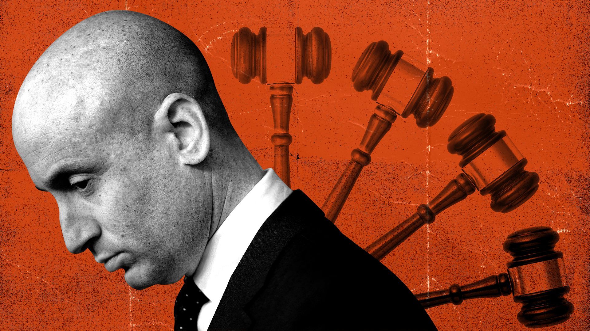 Photo illustration of Stephen Miller with a gavel moving downwards behind him. 